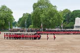 Major General's Review 2013: A wide angle overview of Horse Guards Parade. on the left, No. 1 Guard (Escort for the Colour),1st Battalion Welsh Guards is moving forward to receive the Colour..
Horse Guards Parade, Westminster,
London SW1,

United Kingdom,
on 01 June 2013 at 11:16, image #375