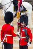 Major General's Review 2013: No. 1 Guard the Regimental Sergeant Major, WO1 Martin Topps, Welsh Guards saluting the Colour with his sword..
Horse Guards Parade, Westminster,
London SW1,

United Kingdom,
on 01 June 2013 at 11:18, image #392