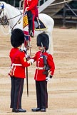 Major General's Review 2013: The Colour has been handed over from Colour Sergeant R J Heath, Welsh Guard to the Regimental Sergeant Major, WO1 Martin Topps, Welsh Guards. He now presents the Colour to the Ensign, Ensign, Second Lieutenant Joel Dinwiddle..
Horse Guards Parade, Westminster,
London SW1,

United Kingdom,
on 01 June 2013 at 11:18, image #393