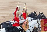 Major General's Review 2013: The Trumpeter (Lance Corporal Ben Ruffer, The Life Guards), the Standard Bearer (Squadron Corporal Major Kris Newell, The Life Guards) and the Standard Coverer (Staff Corporal Steve Chinn, The Life Guards) leading the Ride Past for the Household Cavalry..
Horse Guards Parade, Westminster,
London SW1,

United Kingdom,
on 01 June 2013 at 11:53, image #621