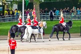 Major General's Review 2013: The Household Cavalry is marching off, led by the Field Officer of the Escort, Major Nick Stewart, The Life Guards, followed by the Trumpeter, Standard Bearer, Standard Coverer. and The Life Guards as first and second divisions of the Sovereign's Escort..
Horse Guards Parade, Westminster,
London SW1,

United Kingdom,
on 01 June 2013 at 12:03, image #690