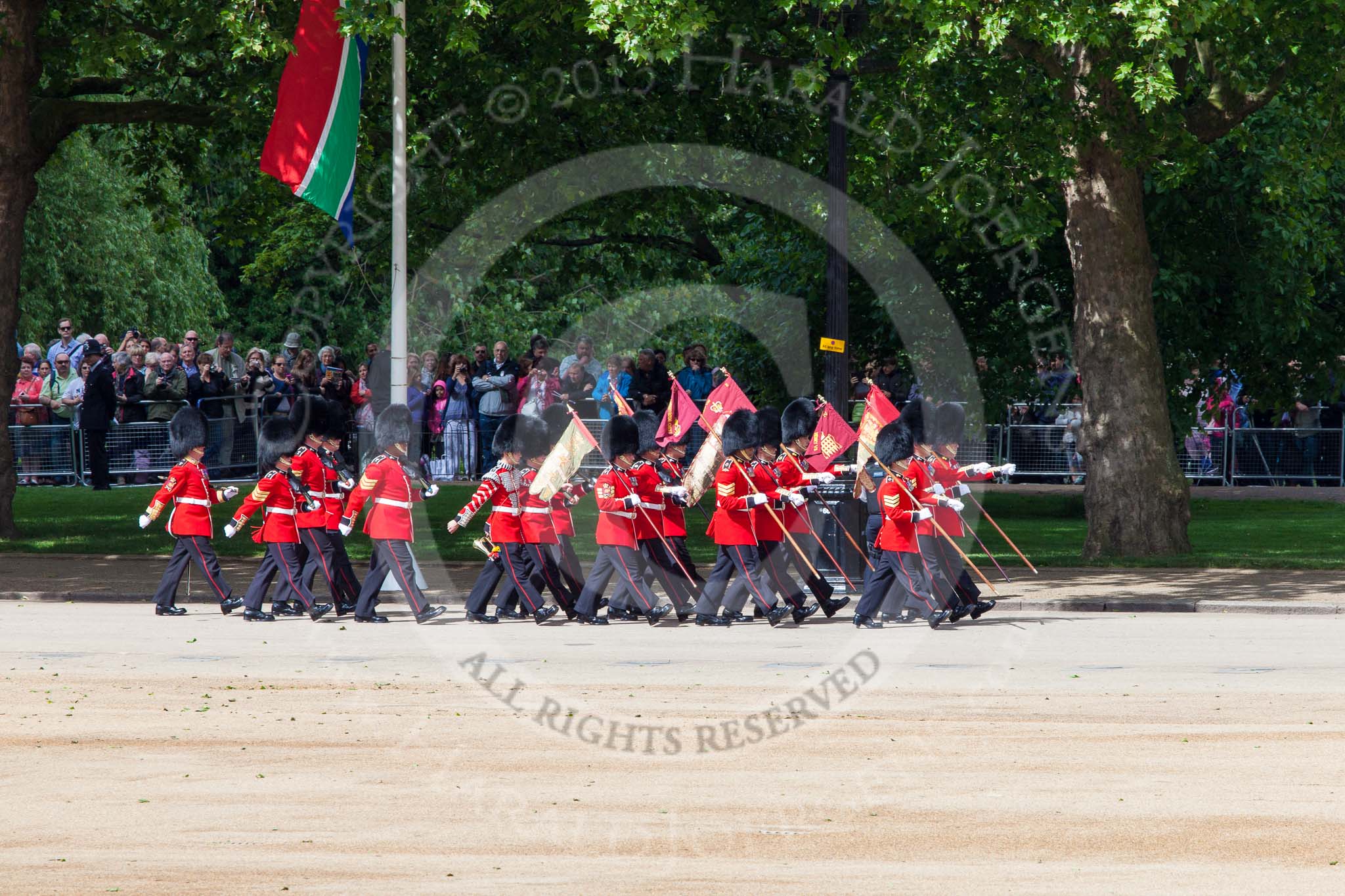 Trooping the Colour 2013: The 'Keepers of the Ground', guardsmen bearing marker flags for their respective regiments, marching on Horse Guards Road along St James's Park. Image #23, 15 June 2013 09:52 Horse Guards Parade, London, UK