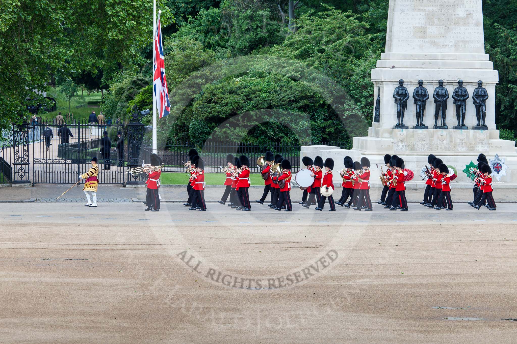 Trooping the Colour 2013: The Band of the Coldstream Guards, led by Senior Drum Major Matthew Betts, Grenadier Guards, marching past the Guards Memorial. Image #43, 15 June 2013 10:11 Horse Guards Parade, London, UK