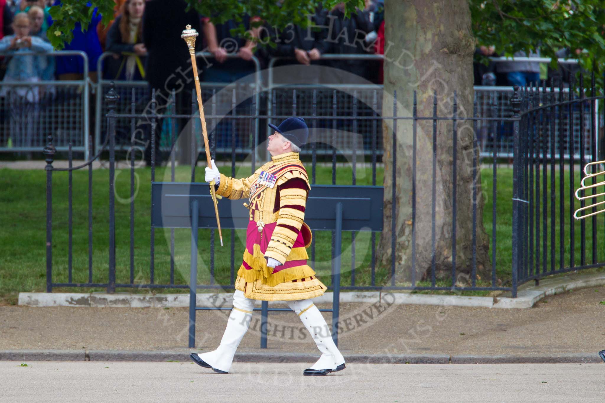 Trooping the Colour 2013: Drum Major Stephen Staite, Grenadier Guards, leading the third of the guards bands, the Band of the Scots Guards, onto Horse Guards Parade. Image #77, 15 June 2013 10:23 Horse Guards Parade, London, UK