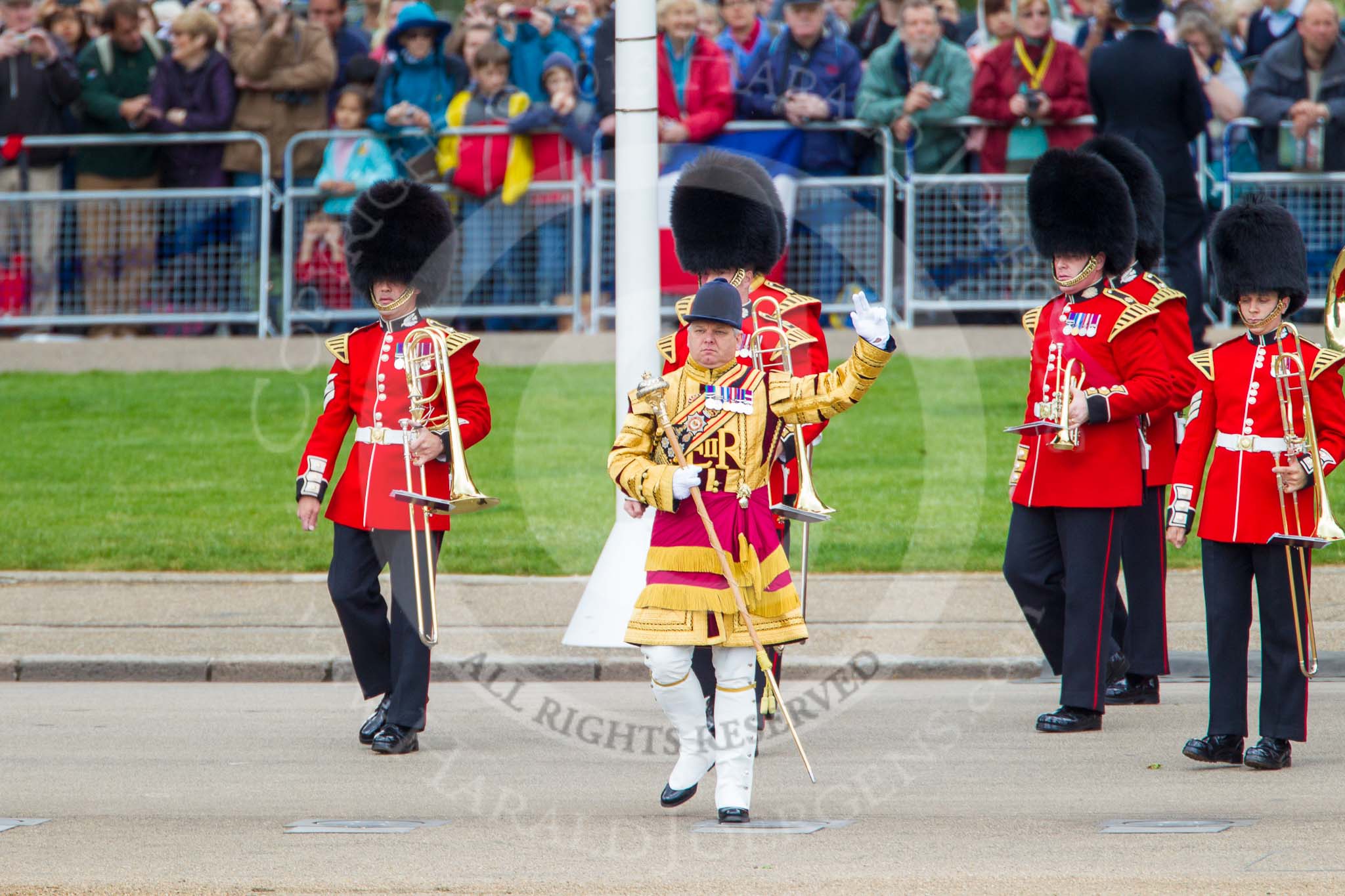 Trooping the Colour 2013: Drum Major Stephen Staite, Grenadier Guards, leading the third of the guards bands, the Band of the Scots Guards, onto Horse Guards Parade..
Horse Guards Parade, Westminster,
London SW1,

United Kingdom,
on 15 June 2013 at 10:23, image #78