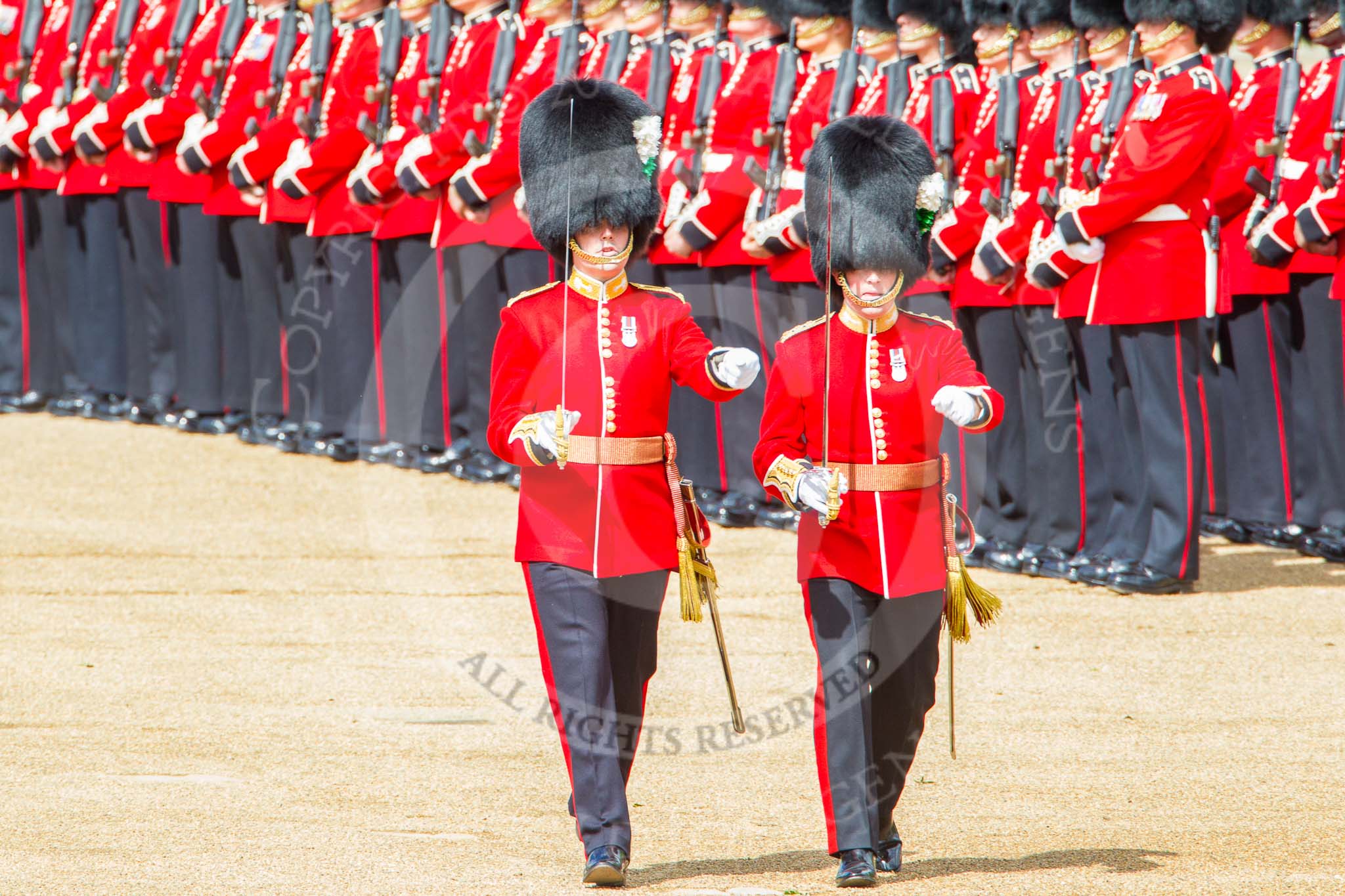 Trooping the Colour 2013: The Subaltern of No. 1 Guard, Captain F O Lloyd-George, and the Subaltern of No. 2 Guard, Captain B Bardsley, are marching together to Horse Guards Arch. They will return later, with the other 16 officers, three for each guard. Image #120, 15 June 2013 10:33 Horse Guards Parade, London, UK