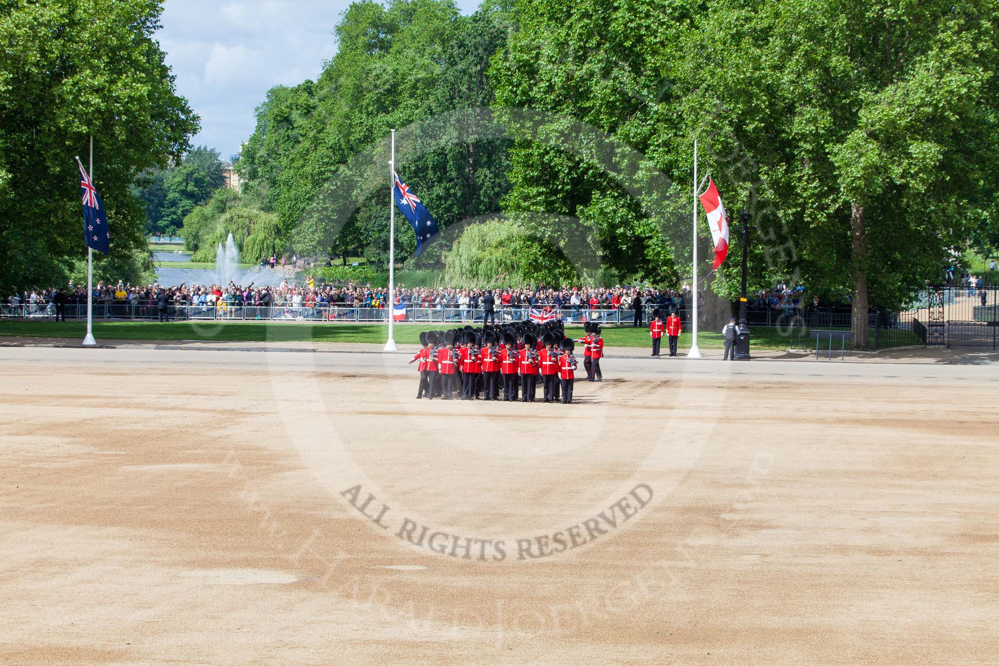 Trooping the Colour 2013: All six guards reposition to form a single, long, L-shaped line. Image #130, 15 June 2013 10:35 Horse Guards Parade, London, UK