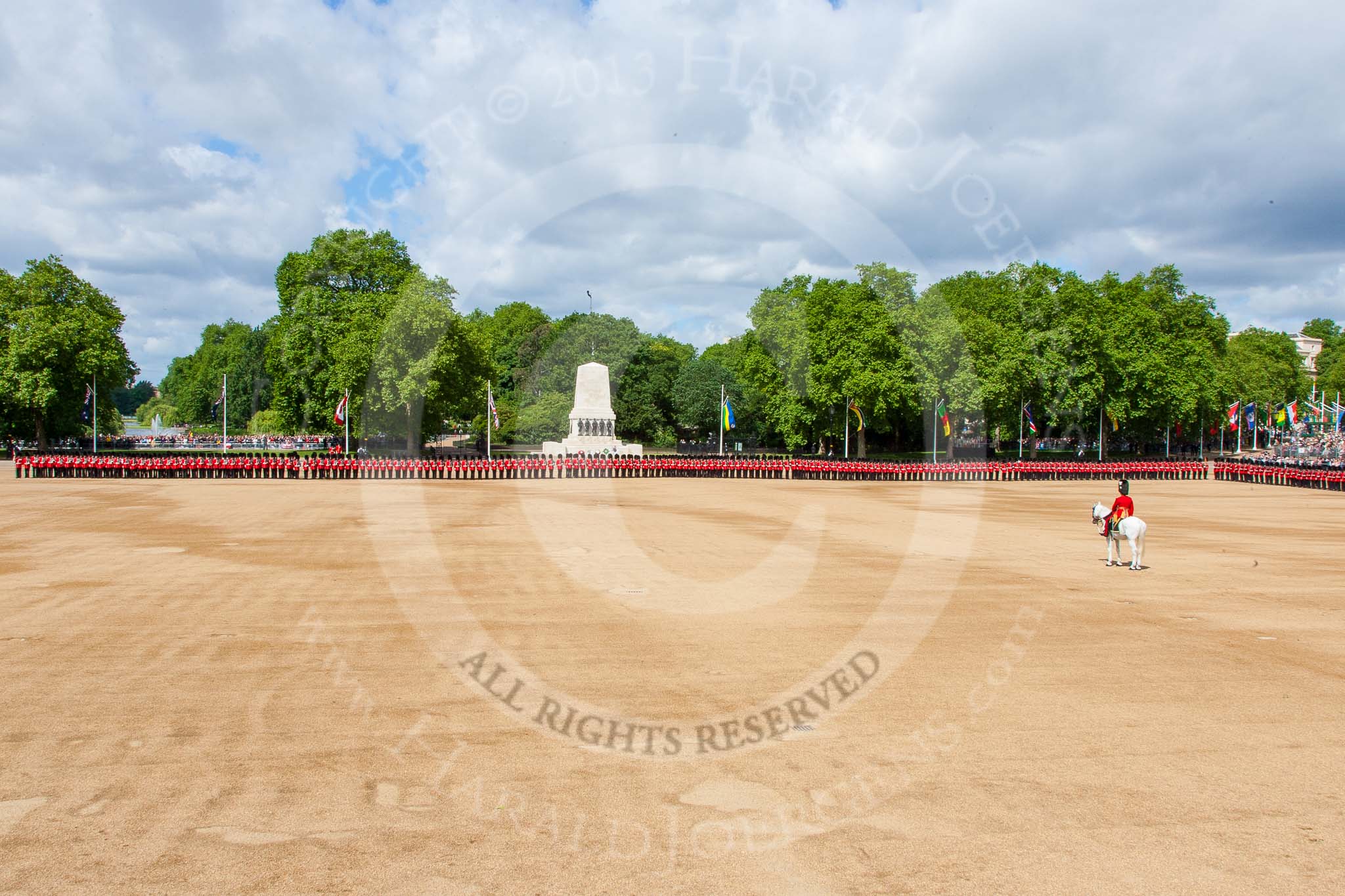 Trooping the Colour 2013: All six guards reposition to form a single, long, L-shaped line. Image #134, 15 June 2013 10:36 Horse Guards Parade, London, UK