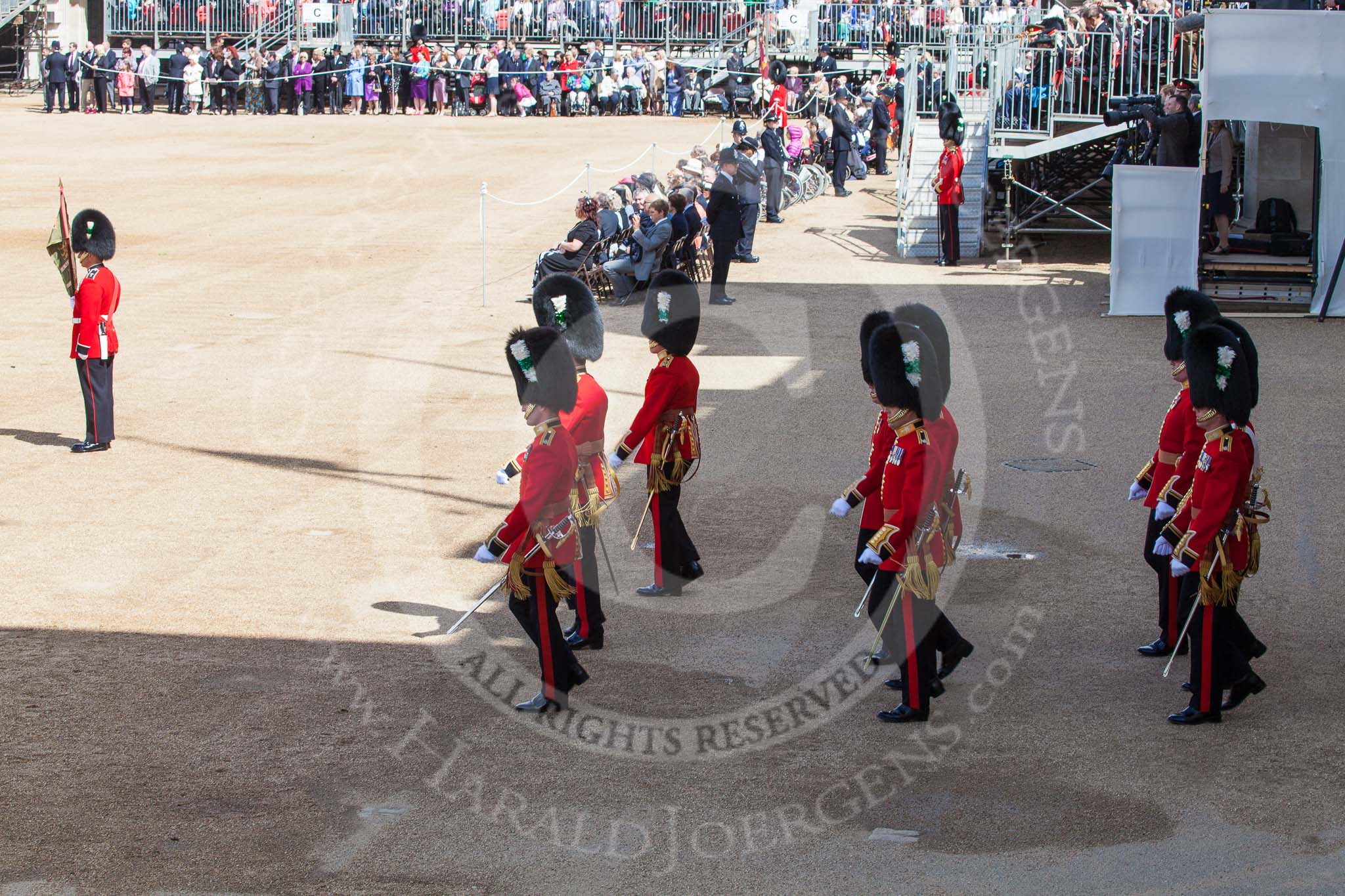 Trooping the Colour 2013: The eighteen officers, three for each Guard, that had been marching towards Horse Guards Arch before are now about to take post in front of their respective Guards. Image #135, 15 June 2013 10:37 Horse Guards Parade, London, UK