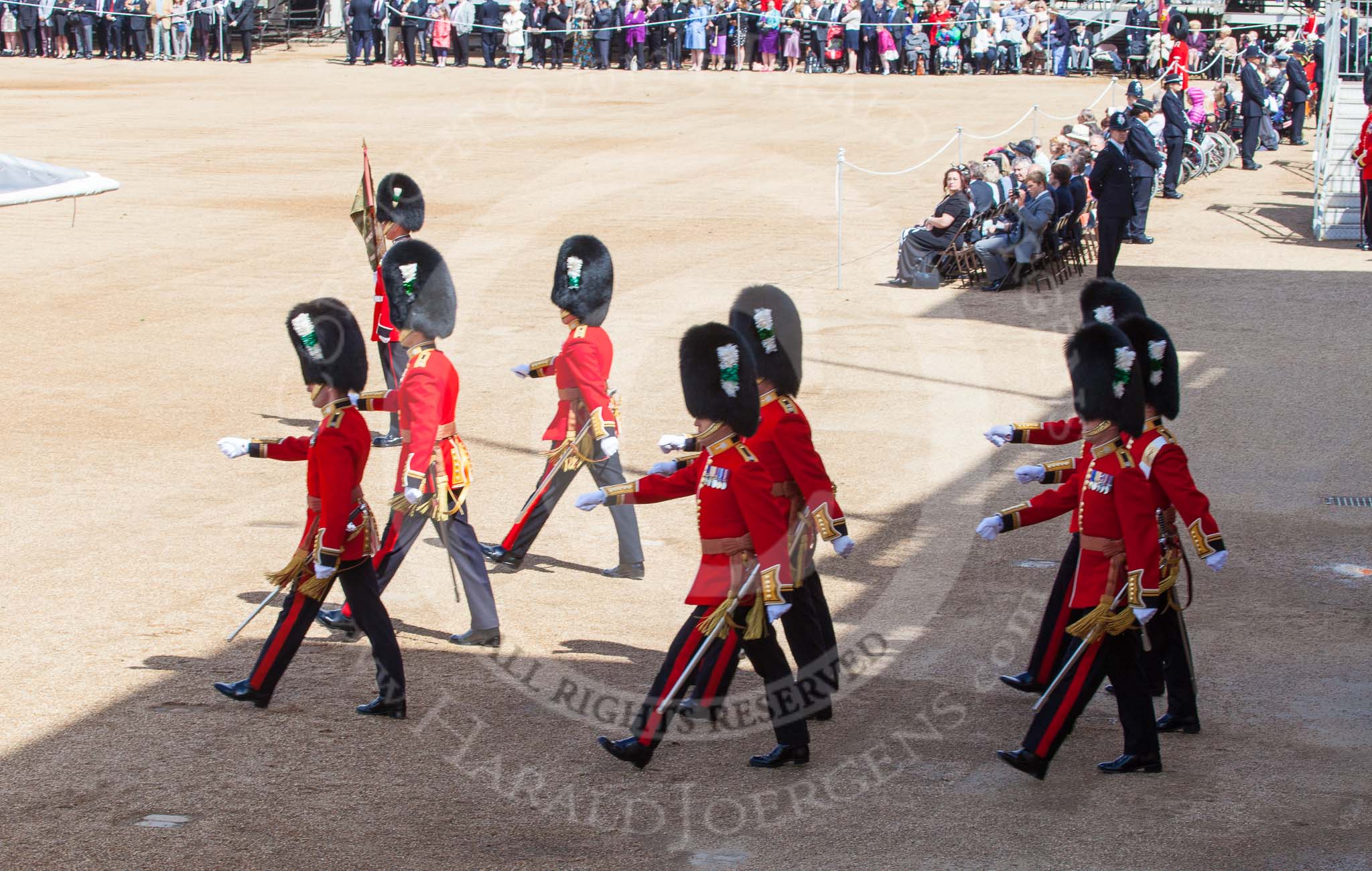 Trooping the Colour 2013: The eighteen officers, three for each Guard, that had been marching towards Horse Guards Arch before are now about to take post in front of their respective Guards. Image #136, 15 June 2013 10:37 Horse Guards Parade, London, UK