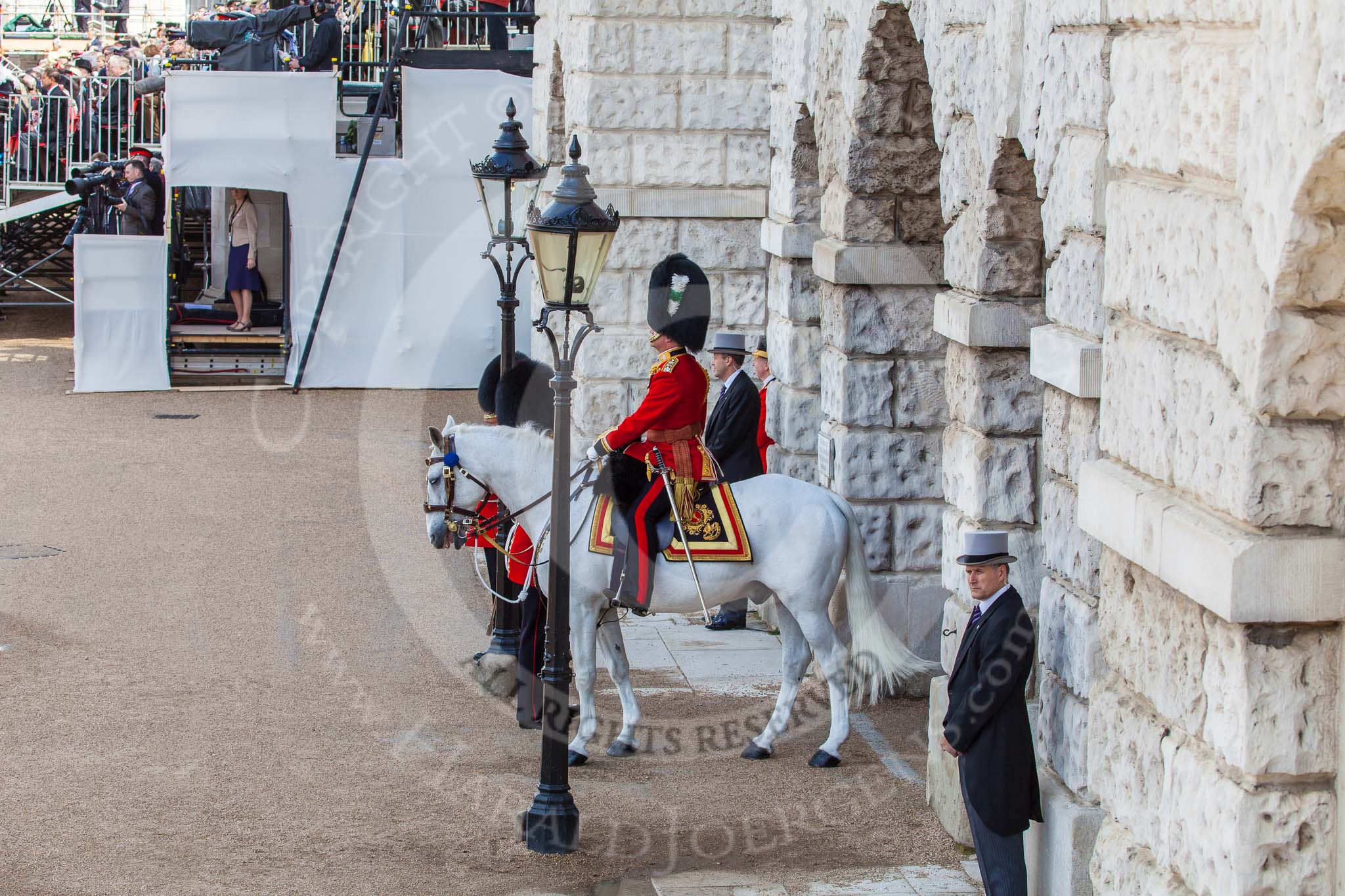 Trooping the Colour 2013: The Field Officer in Brigade Waiting, Lieutenant Colonel Dino Bossi, Welsh Guards, is waiting at Horse Guards Arch. Image #140, 15 June 2013 10:37 Horse Guards Parade, London, UK