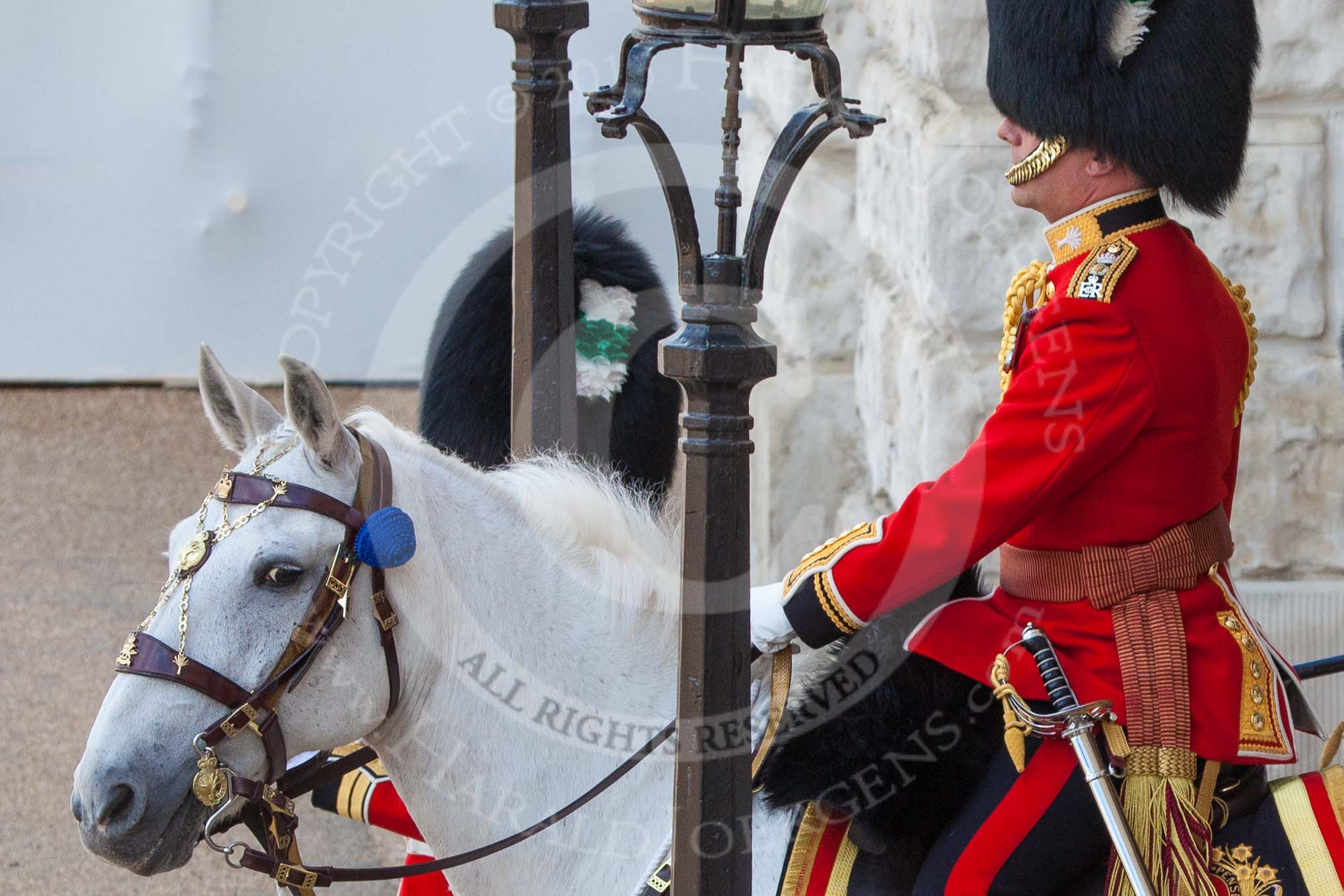 Trooping the Colour 2013: Close-up view of the Field Officer in Brigade Waiting, Lieutenant Colonel Dino Bossi, Welsh Guards, waiting at Horse Guards Arch. Image #143, 15 June 2013 10:37 Horse Guards Parade, London, UK