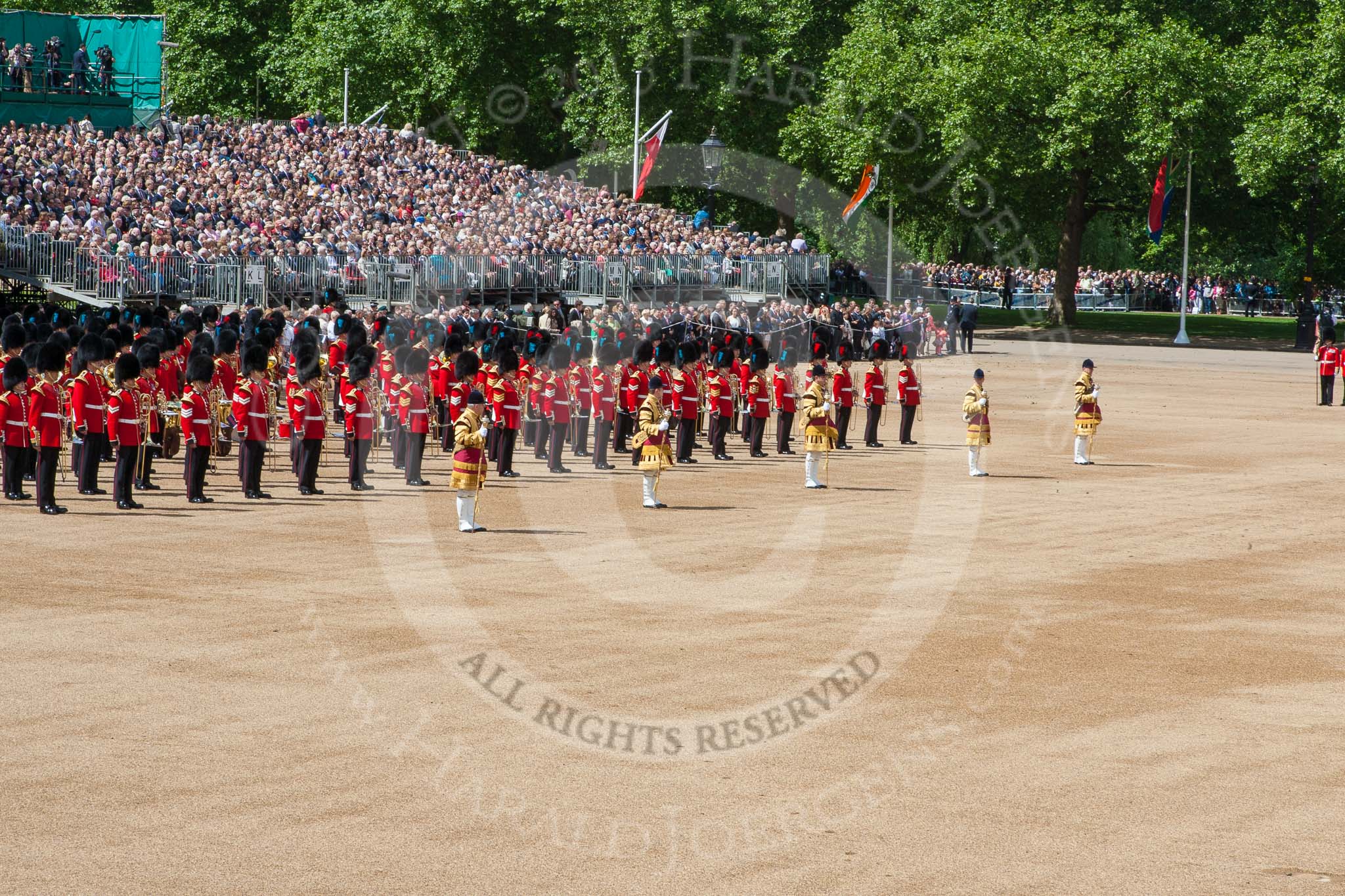 Trooping the Colour 2013: The Massed Bands are ready and in position, with the five Drum Majors in front. Image #146, 15 June 2013 10:38 Horse Guards Parade, London, UK