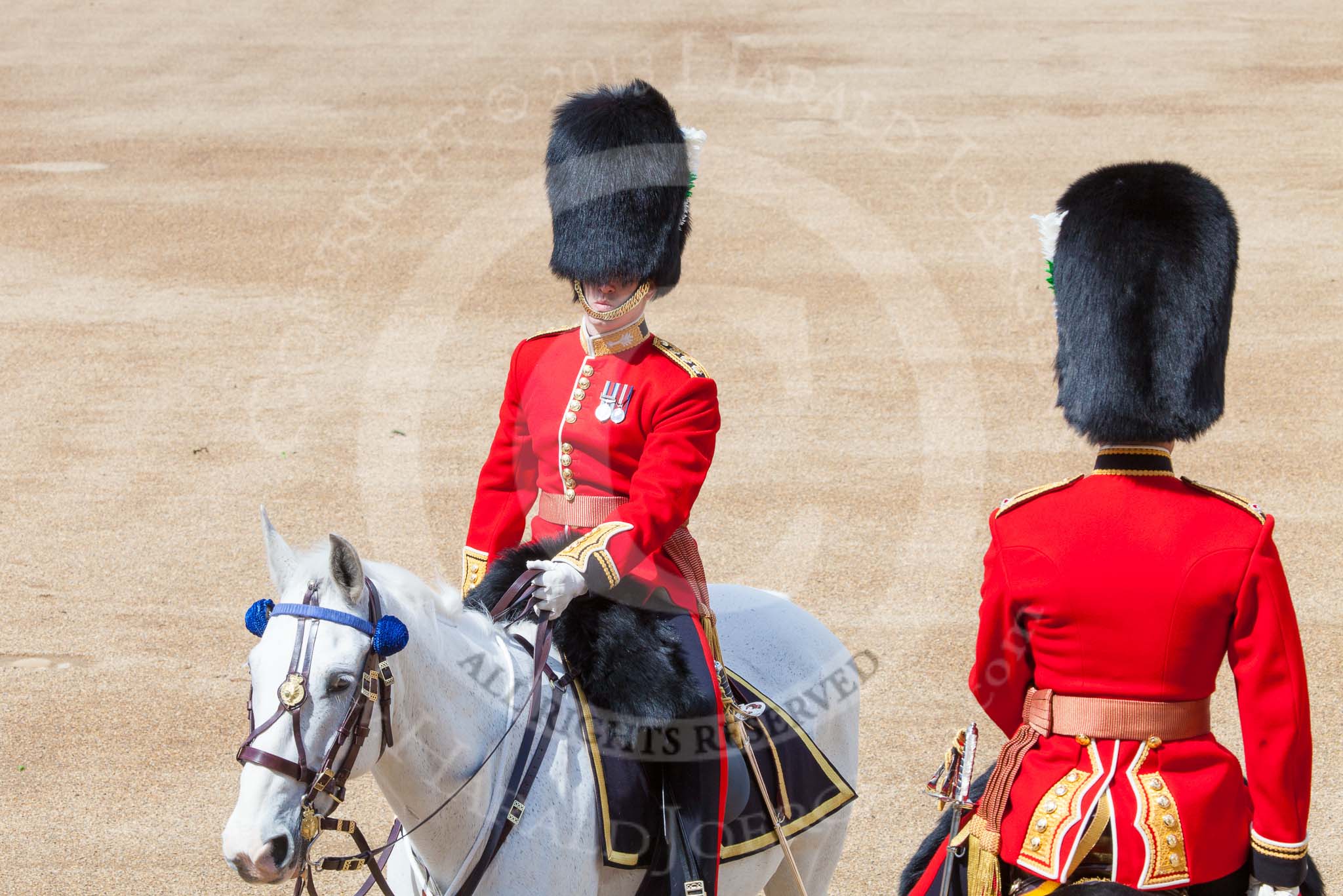 Trooping the Colour 2013: The Adjutant of the Parade, Captain C J P Davies, Welsh Guards, riding past the Major of the Parade, Major H G C Bettinson, Welsh Guards. Image #150, 15 June 2013 10:39 Horse Guards Parade, London, UK