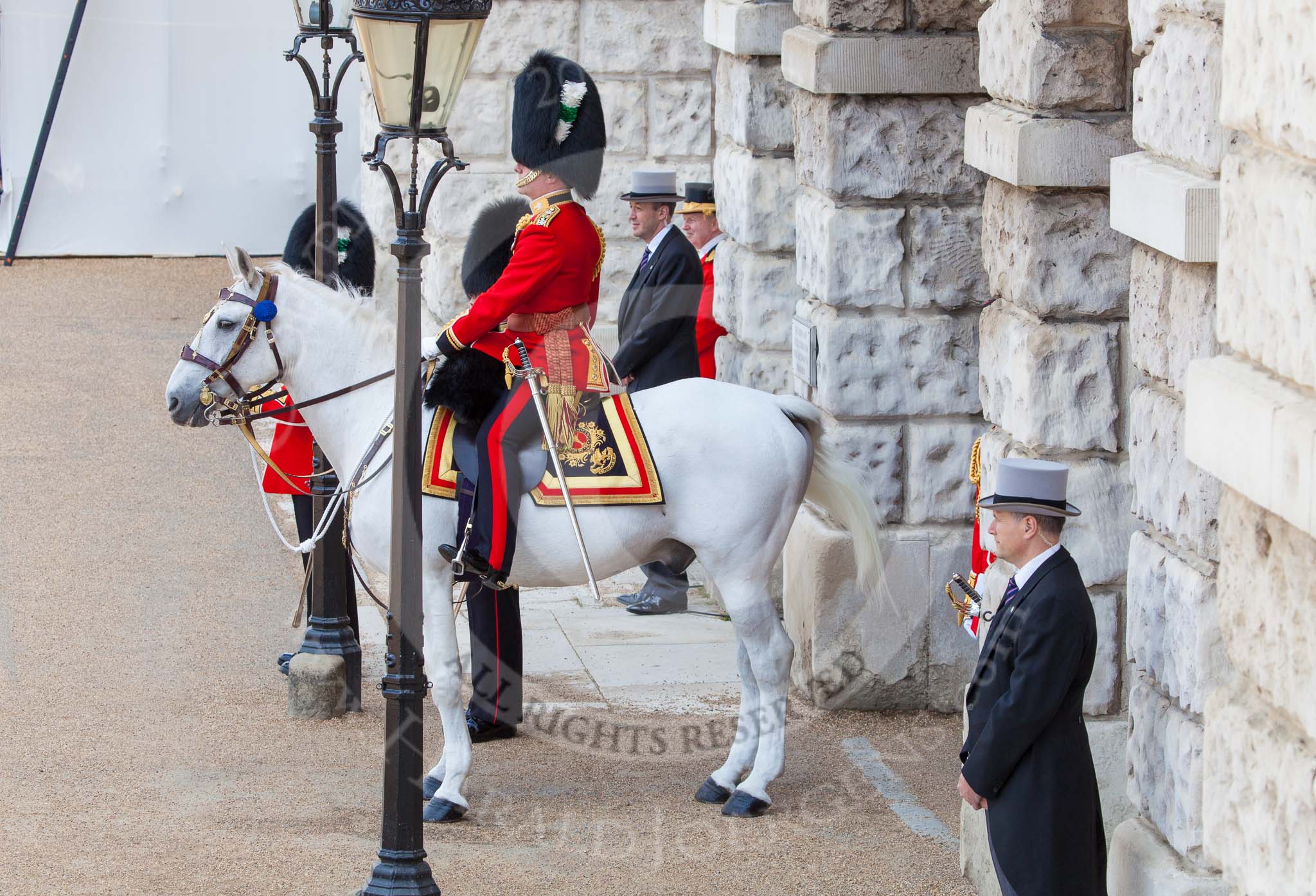 Trooping the Colour 2013: The Field Officer in Brigade Waiting, Lieutenant Colonel Dino Bossi, Welsh Guards, is ready to ride onto Horse Guards Parade. Image #153, 15 June 2013 10:40 Horse Guards Parade, London, UK