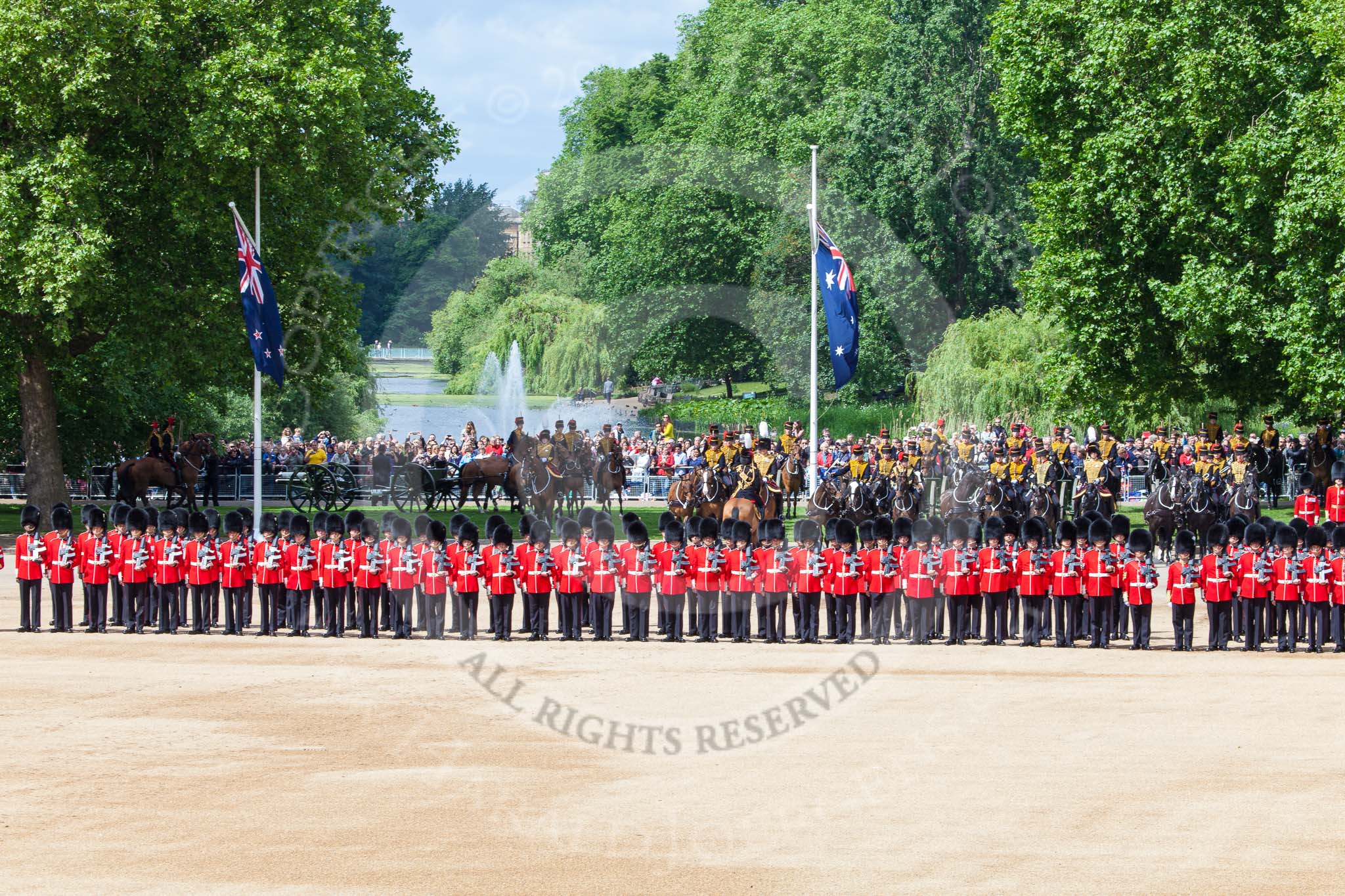 Trooping the Colour 2013: The King's Troop Royal Horse Artillery takes position between No. 1 Guard and St. James's Park. Image #155, 15 June 2013 10:40 Horse Guards Parade, London, UK