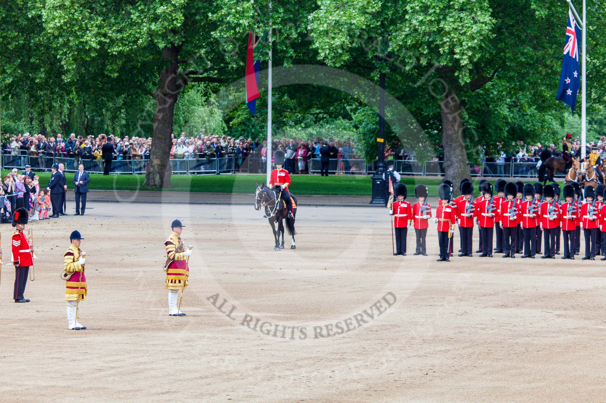 Trooping the Colour 2013: The Major of the Parade, Major H G C Bettinson, Welsh Guards, is in position on the western side of the line of guardsmen. Image #165, 15 June 2013 10:42 Horse Guards Parade, London, UK
