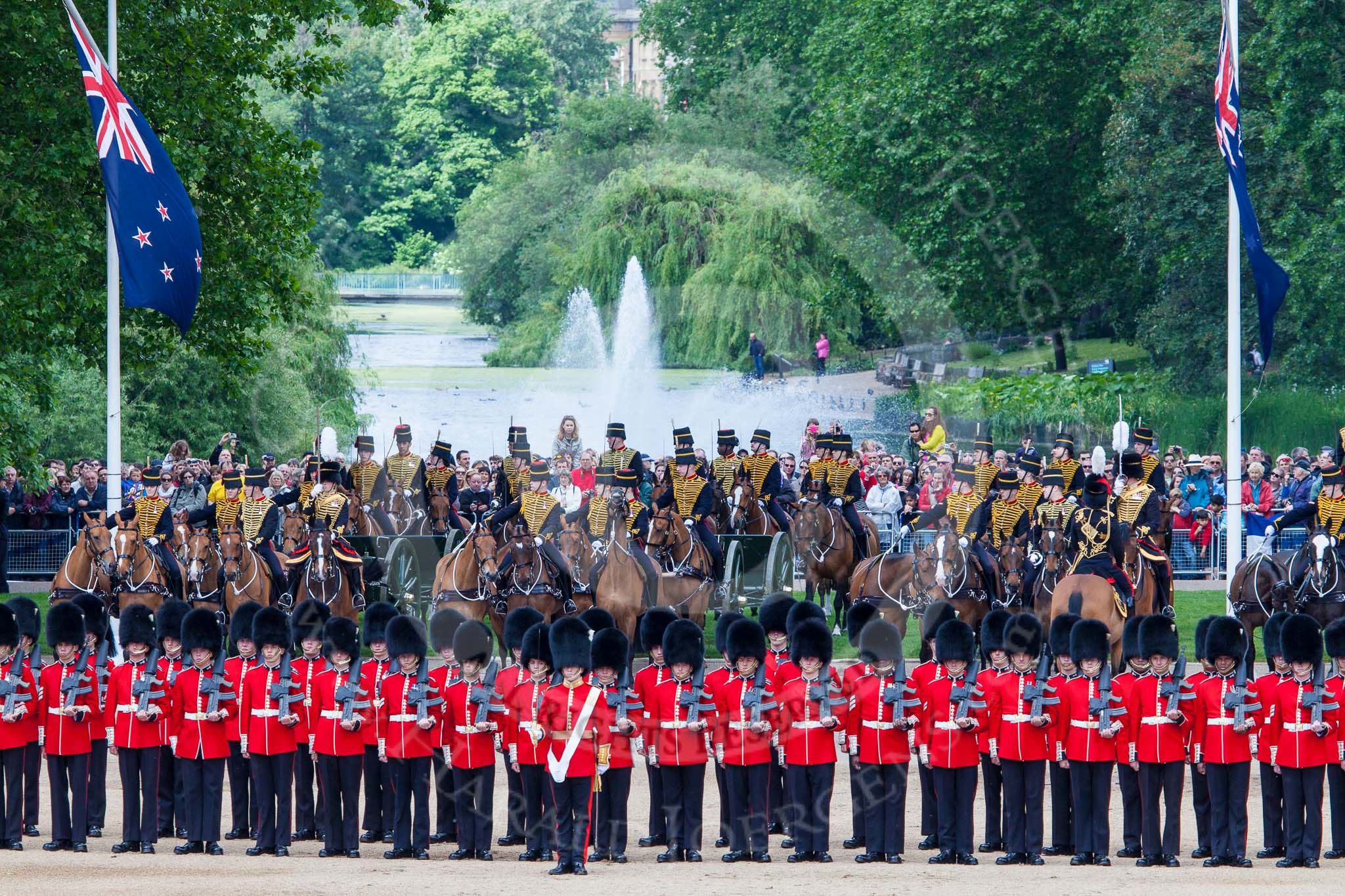 Trooping the Colour 2013: No. 1 Guard (Escort for the Colour),1st Battalion Welsh Guards, with the Ensign in the centre, the King's Troop Royal Horse Artillery, and the St James's Park Lake behind. Image #166, 15 June 2013 10:42 Horse Guards Parade, London, UK