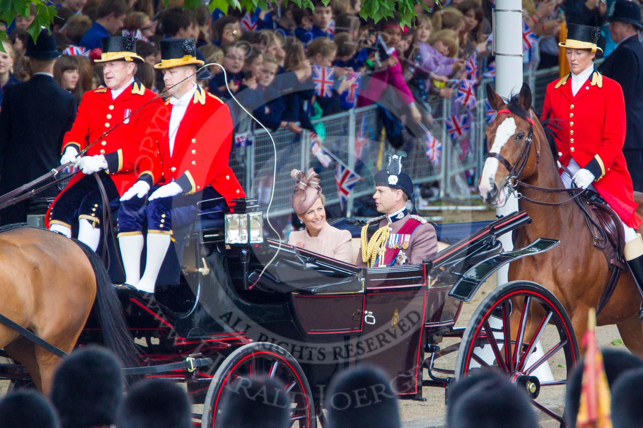 Trooping the Colour 2013: HRH The Earl of Wessex and HRH The Countess of Wessex in the third barouche carriage on the way across Horse Guards Parade to watch the parade from the Major General's office. Image #187, 15 June 2013 10:49 Horse Guards Parade, London, UK