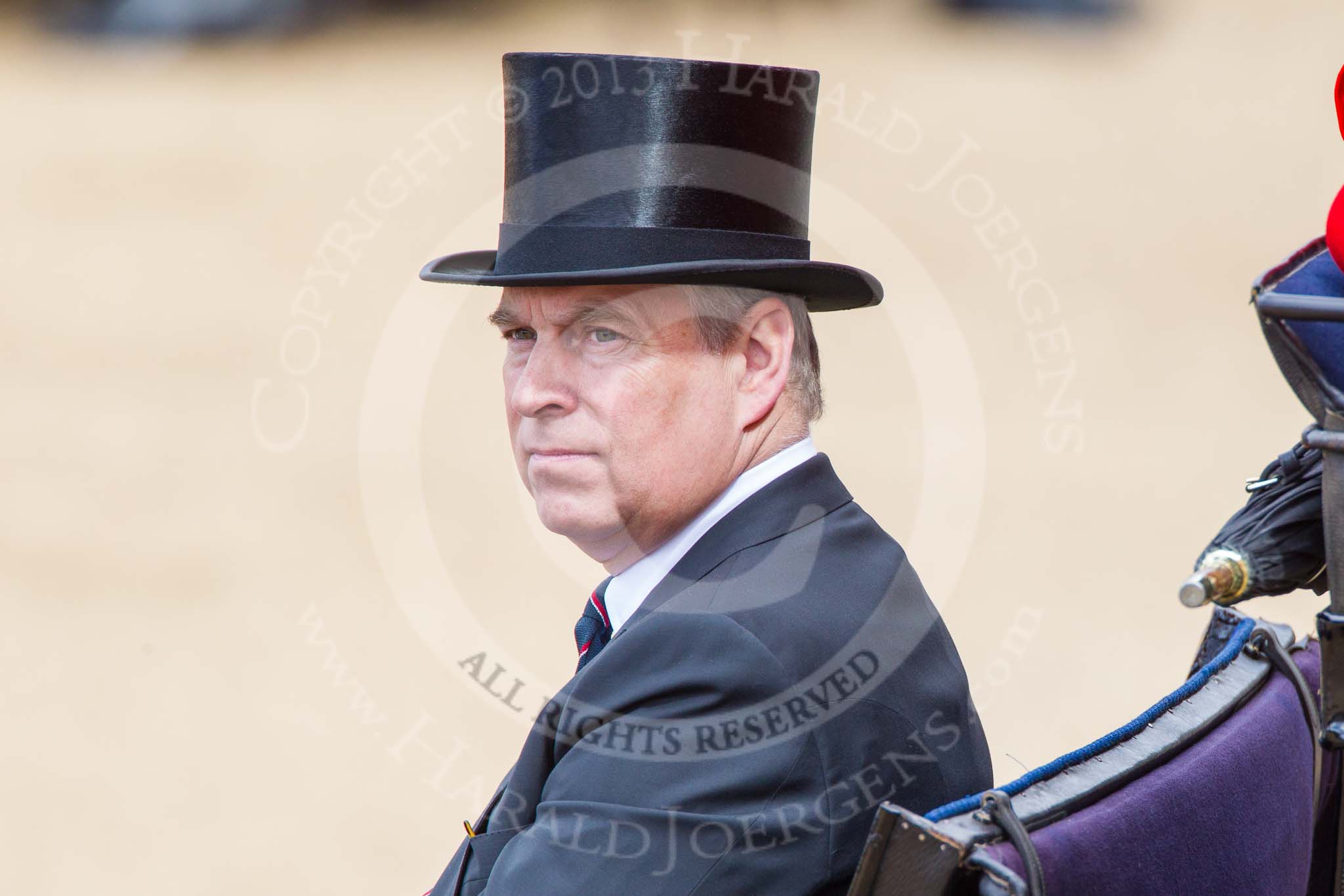 Trooping the Colour 2013: Close-up of HRH The Duke of York in the second barouche carriage on the way across Horse Guards Parade to watch the parade from the Major General's office..
Horse Guards Parade, Westminster,
London SW1,

United Kingdom,
on 15 June 2013 at 10:50, image #214