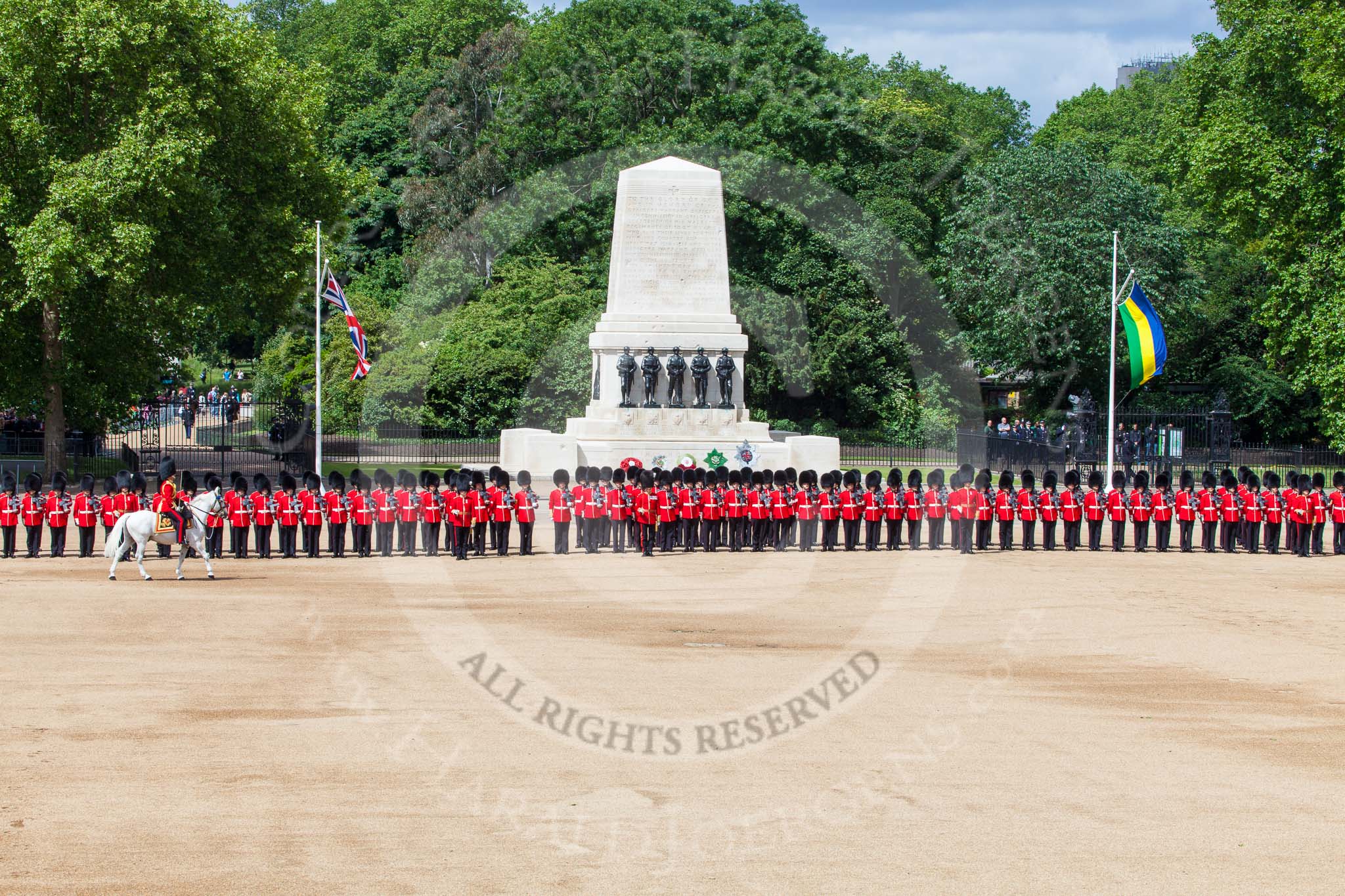 Trooping the Colour 2013: The gap in the line that No. 3 Guard had opened for the carriages has been closed again, the field officer is riding back to the centre of the line. Image #219, 15 June 2013 10:52 Horse Guards Parade, London, UK