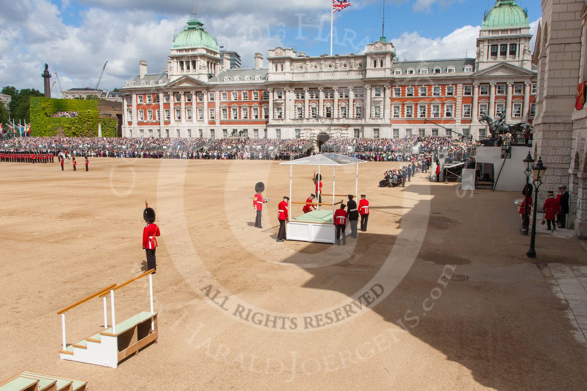 Trooping the Colour 2013: The dais, the saluting platform for HM The Queen, is moved into place in front of Horse Guards Arch, after the carriages have passed. Image #221, 15 June 2013 10:52 Horse Guards Parade, London, UK