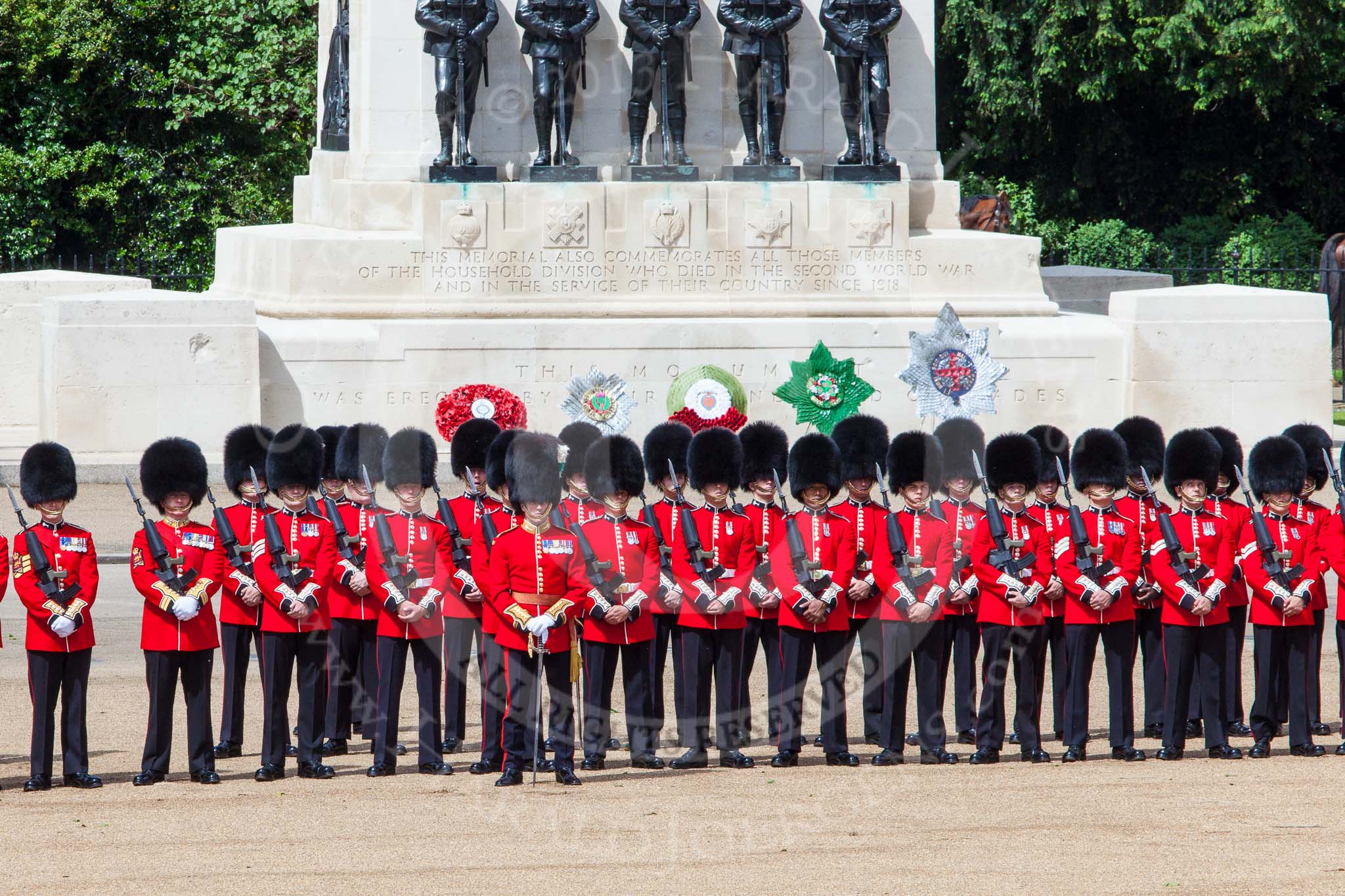 Trooping the Colour 2013: No. 3 Guard, 1st Battalion Welsh Guards, is back in position in front of the Guards Memorial after closing the gap. Image #223, 15 June 2013 10:53 Horse Guards Parade, London, UK