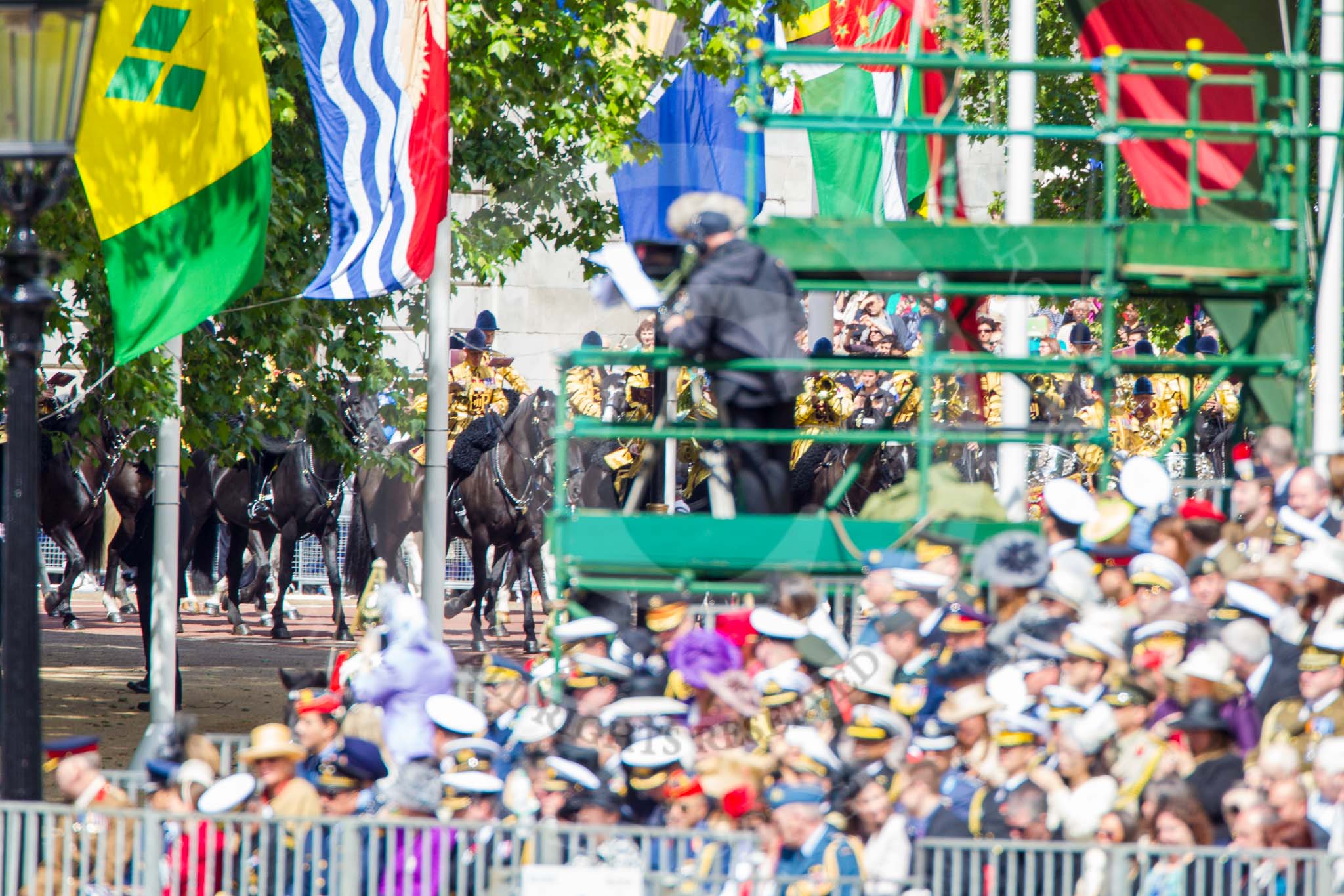 Trooping the Colour 2013: The Househould Cavalry and mounted Band can be seen on The Mall as the Royal Procession is about to arrive. Image #226, 15 June 2013 10:55 Horse Guards Parade, London, UK