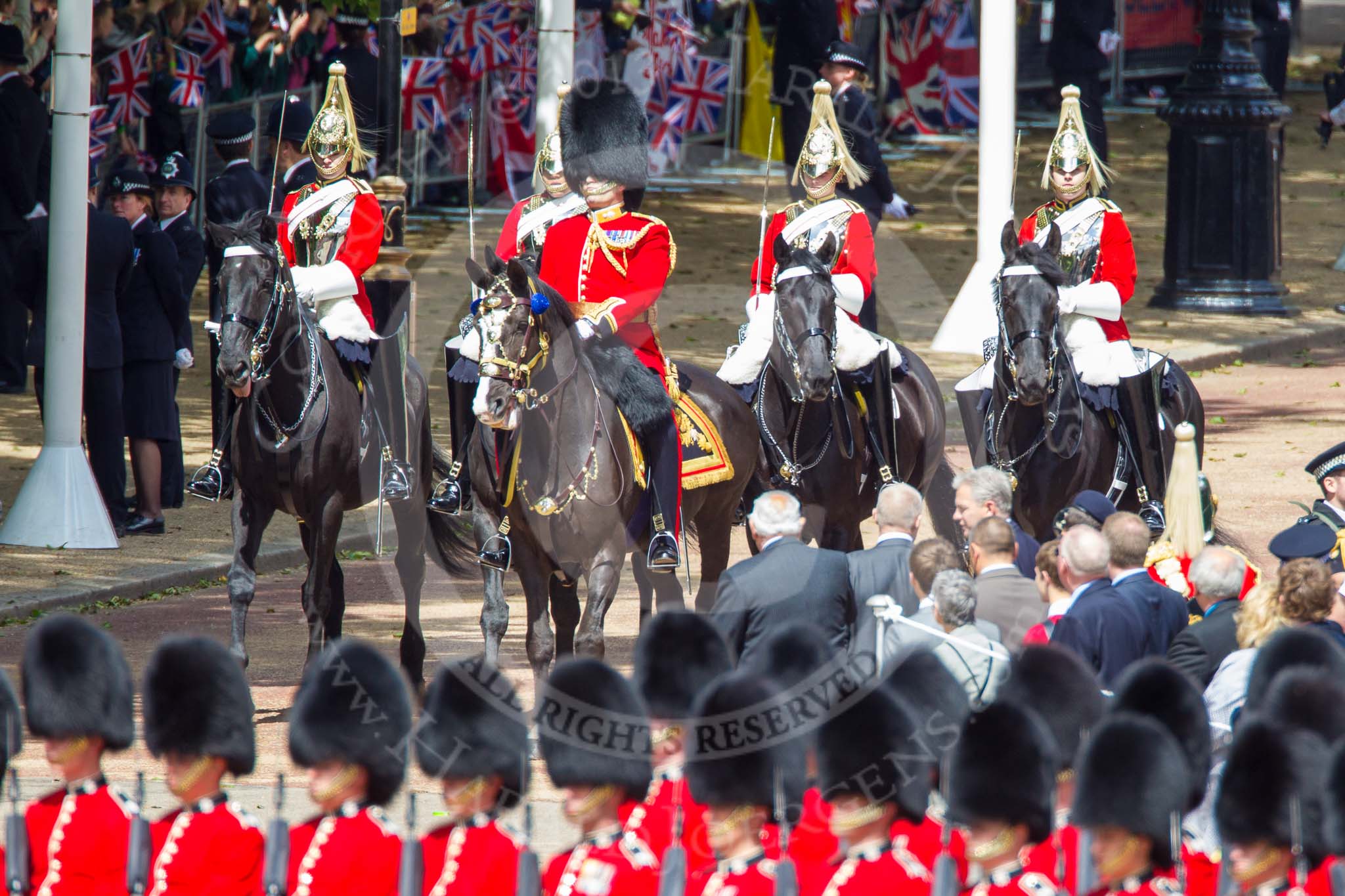 Trooping the Colour 2013: Leading the Royal Procession from The Mall onto Horse Guards Parade - Brigade Major Household Division Lieutenant Colonel Simon Soskin, Grenadier Guards, followed by four Troopers of The Life Guards. Image #228, 15 June 2013 10:55 Horse Guards Parade, London, UK