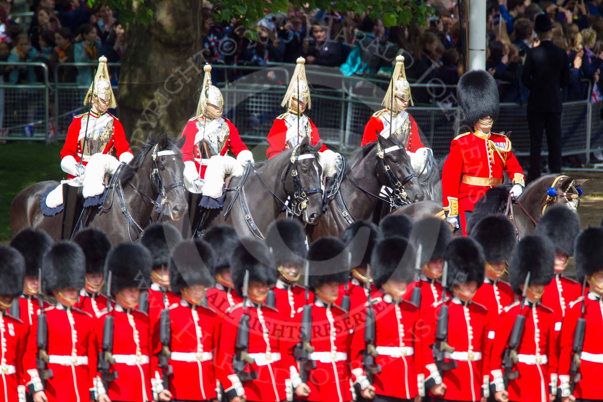 Trooping the Colour 2013: Brigade Major Household Division Lieutenant Colonel Simon Soskin, Grenadier Guards, followed by four Troopers of The Life Guards, leading the Royal Procession onto Horse Guards Parade. Image #231, 15 June 2013 10:56 Horse Guards Parade, London, UK
