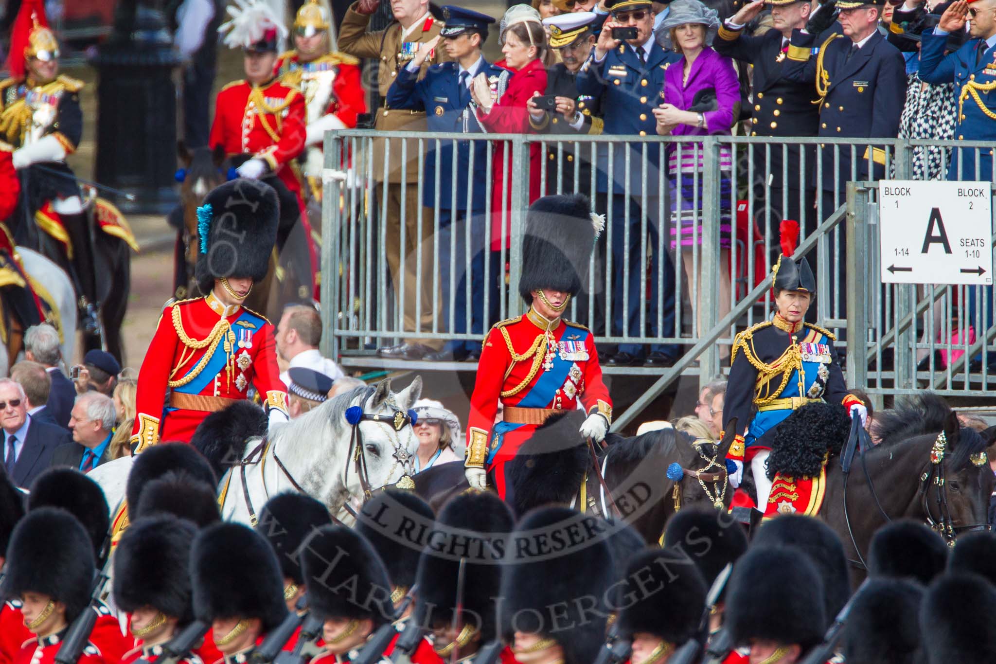 Trooping the Colour 2013: The Royal Colonels following HM The Queen in the Royal Procession, HRH The Duke of Cambridge, HRH The Prince of Wales, and HRH The Princess Royal..
Horse Guards Parade, Westminster,
London SW1,

United Kingdom,
on 15 June 2013 at 10:58, image #260