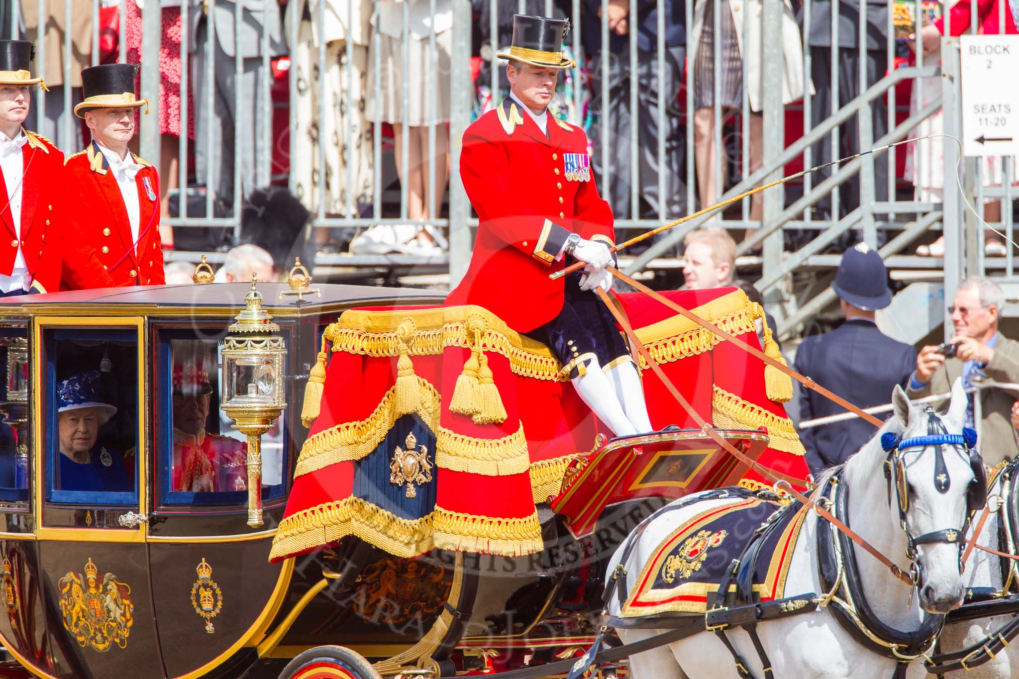 Trooping the Colour 2013: The Glass Coach carrying HM The Queen and HRH The Duke of Kent arrives as Horse Guards Parade..
Horse Guards Parade, Westminster,
London SW1,

United Kingdom,
on 15 June 2013 at 10:59, image #275