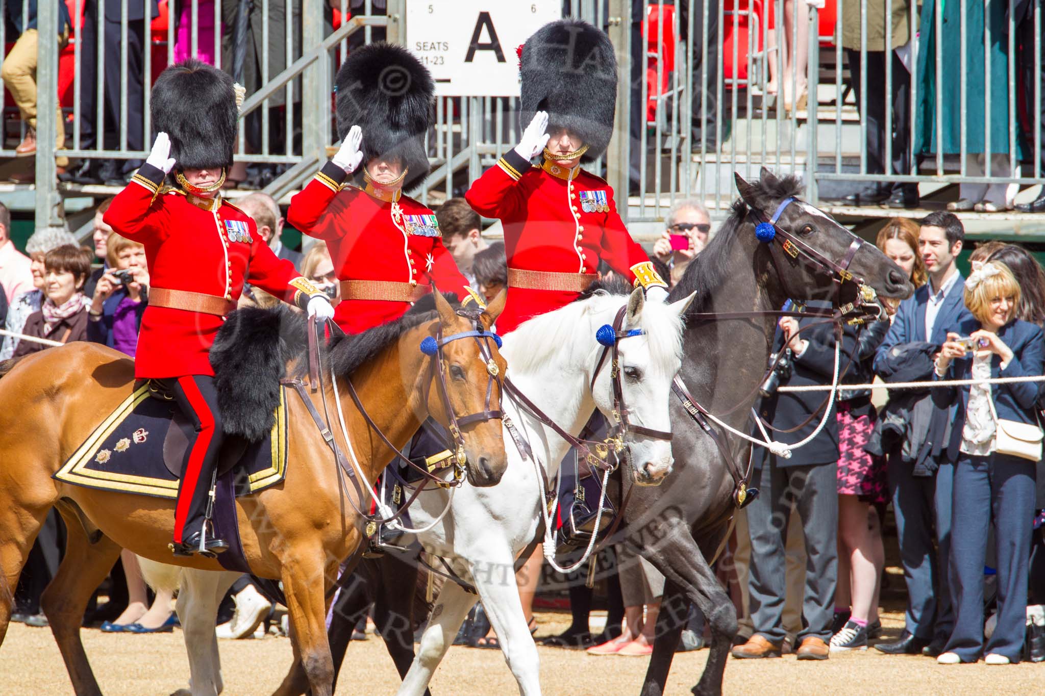Trooping the Colour 2013: The Foot Guards Regimental Adjutants - Colonel T C S Bonas,Welsh Guards, Colonel T C R B Purdon, Irish Guards, and Colonel D D S A Vandeleur, Coldstream Guards, saluting the Colour. Image #287, 15 June 2013 10:59 Horse Guards Parade, London, UK