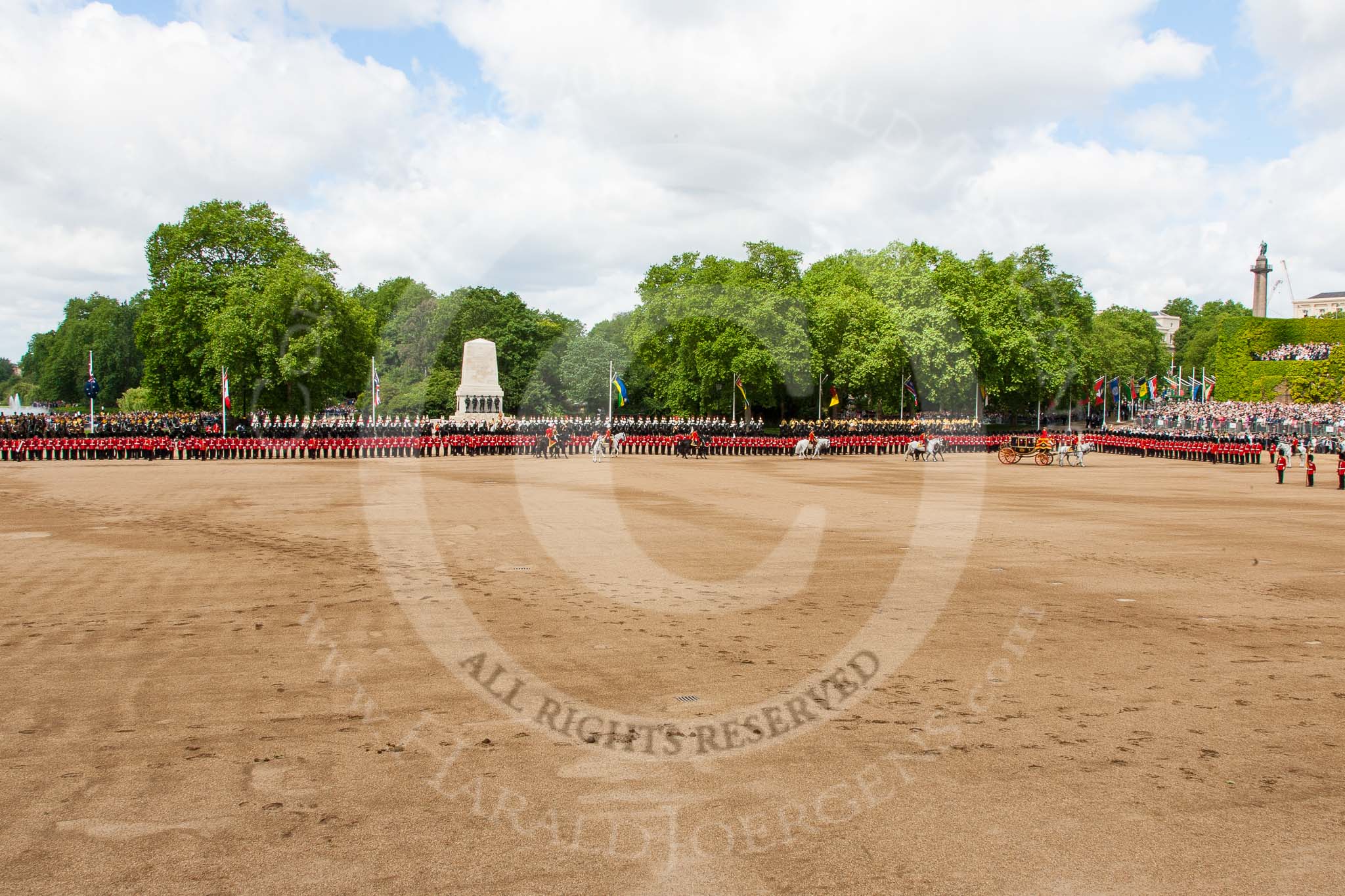 Trooping the Colour 2013: An wide angle overview of Horse Guards Parade during the Inspection of the Line. Image #334, 15 June 2013 11:04 Horse Guards Parade, London, UK