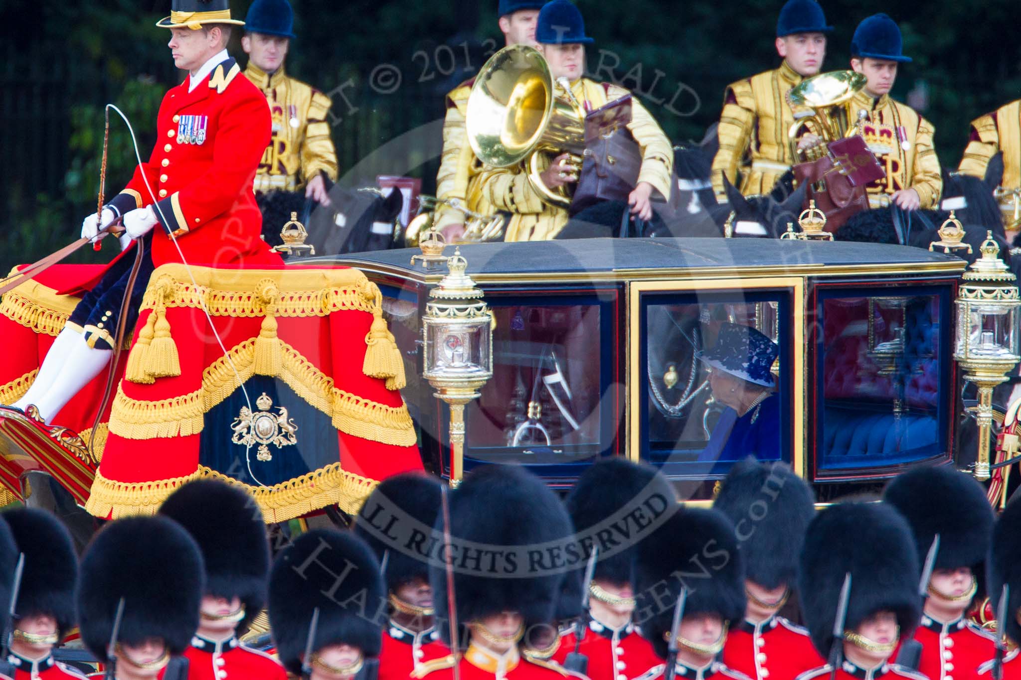 Trooping the Colour 2013: HM The Queen in the Glass Coach during the Inspection of the Line. Image #346, 15 June 2013 11:05 Horse Guards Parade, London, UK
