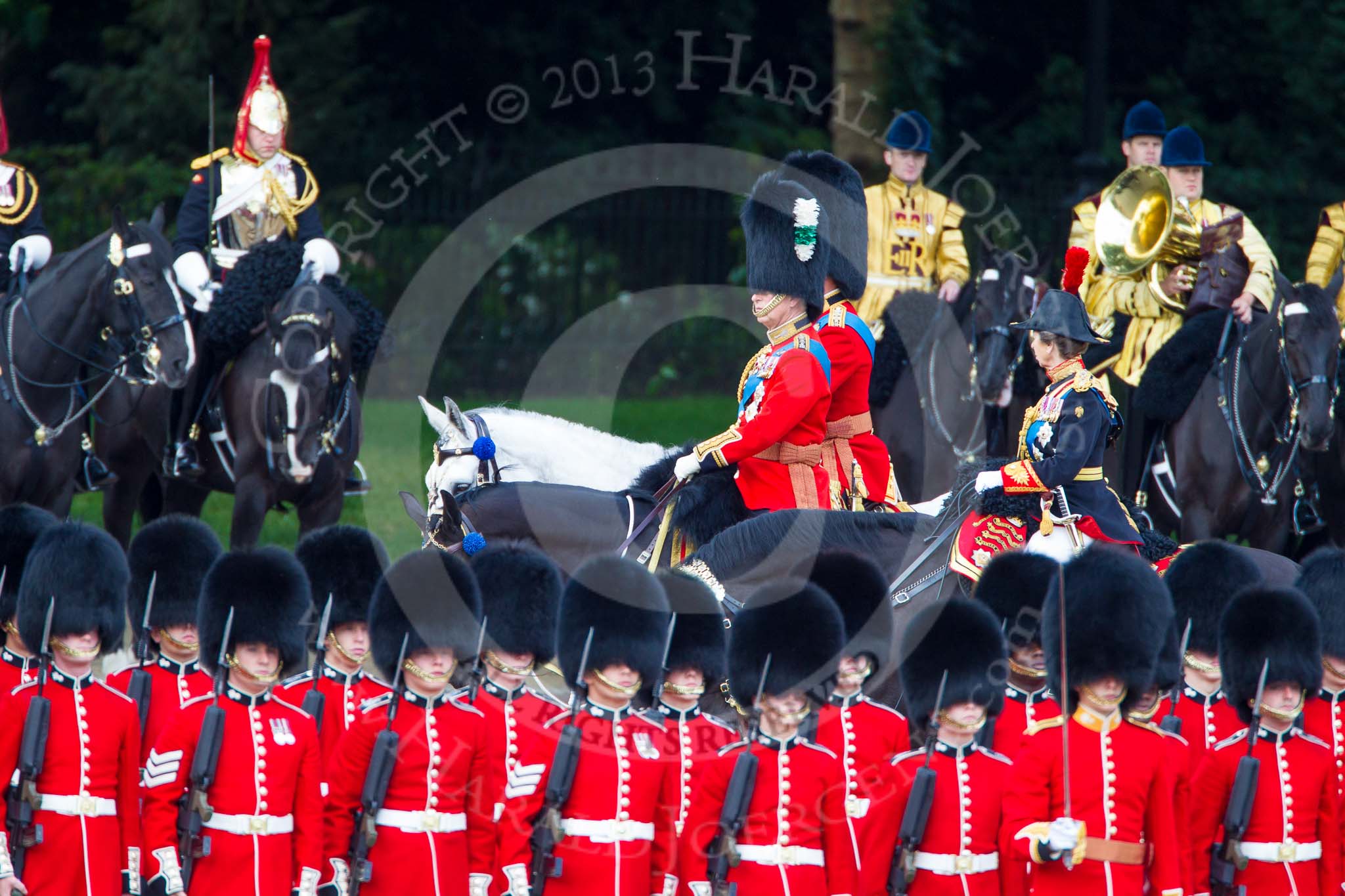 Trooping the Colour 2013: The Royal Colonels during the Inspection of the Line - HRH The Duke of Cambridge, Colonel Irish Guards, HRH The Prince of Wales, Colonel Welsh Guards, and HRH The Princess Royal, Colonel The Blues and Royals (Royal Horse Guards and 1st Dragoons). Image #347, 15 June 2013 11:05 Horse Guards Parade, London, UK