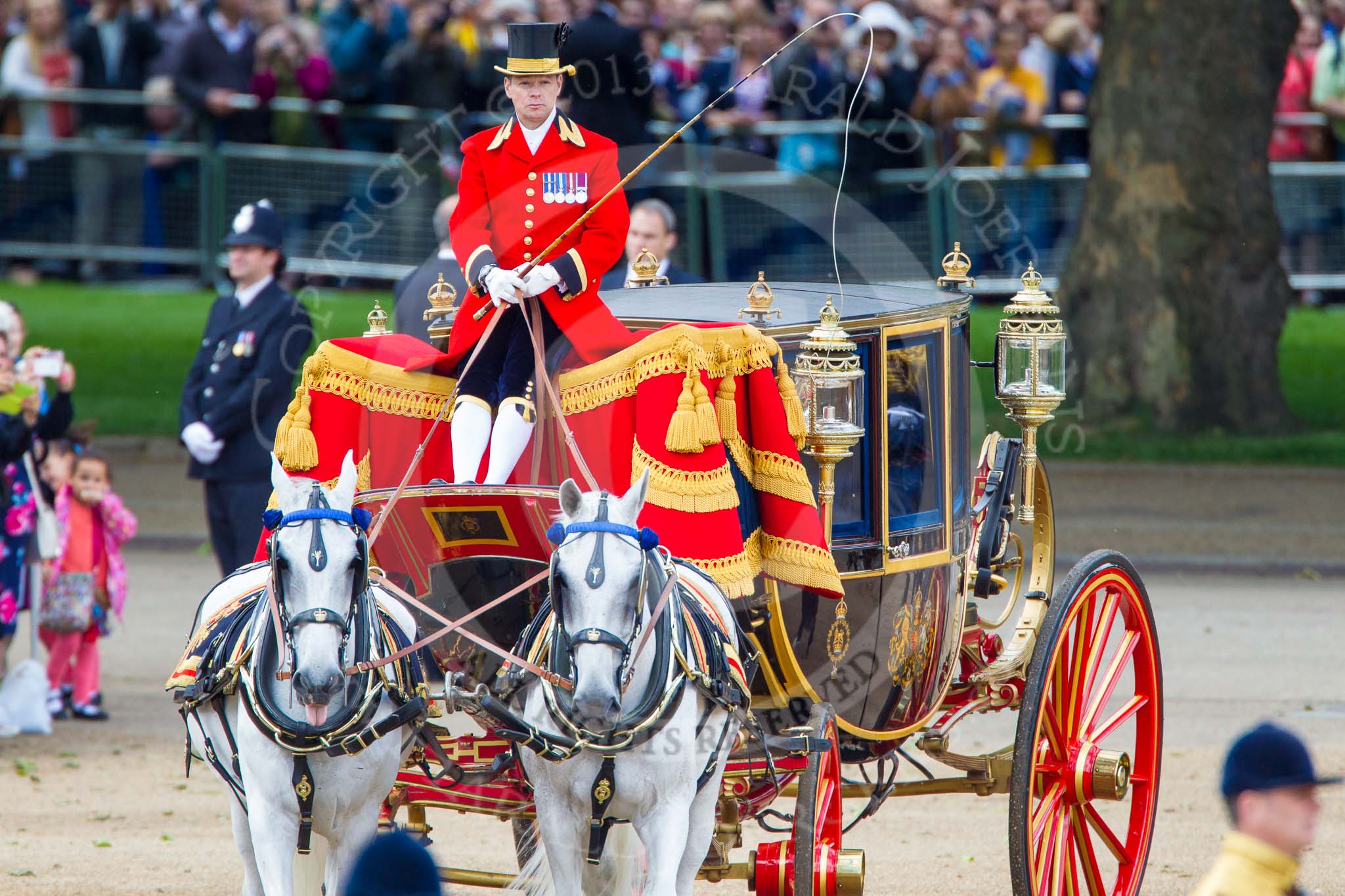 Trooping the Colour 2013: After the Inspection of the Line, the Glass Coach with HM The Queen turns back toward the dais for Her Majesty..
Horse Guards Parade, Westminster,
London SW1,

United Kingdom,
on 15 June 2013 at 11:06, image #355