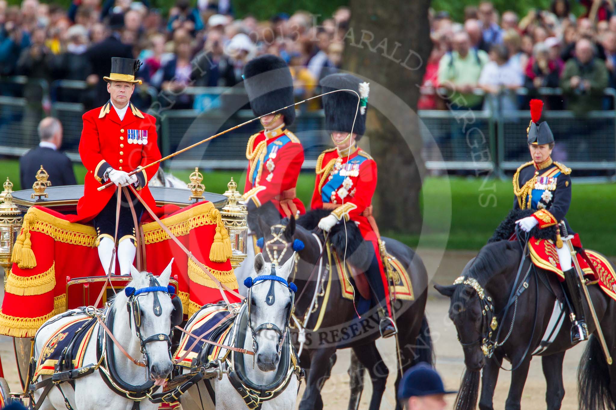 Trooping the Colour 2013: After the Inspection of the Line, the Glass Coach with HM The Queen turns back toward the dais for Her Majesty. Behind the Glass Coach the three Royal Colonels, HRH The Duke of Cambridge, Colonel Irish Guards, HRH The Prince of Wales, Colonel Welsh Guards, and HRH The Princess Royal, Colonel The Blues and Royals (Royal Horse Guards and 1st Dragoons)..
Horse Guards Parade, Westminster,
London SW1,

United Kingdom,
on 15 June 2013 at 11:06, image #356