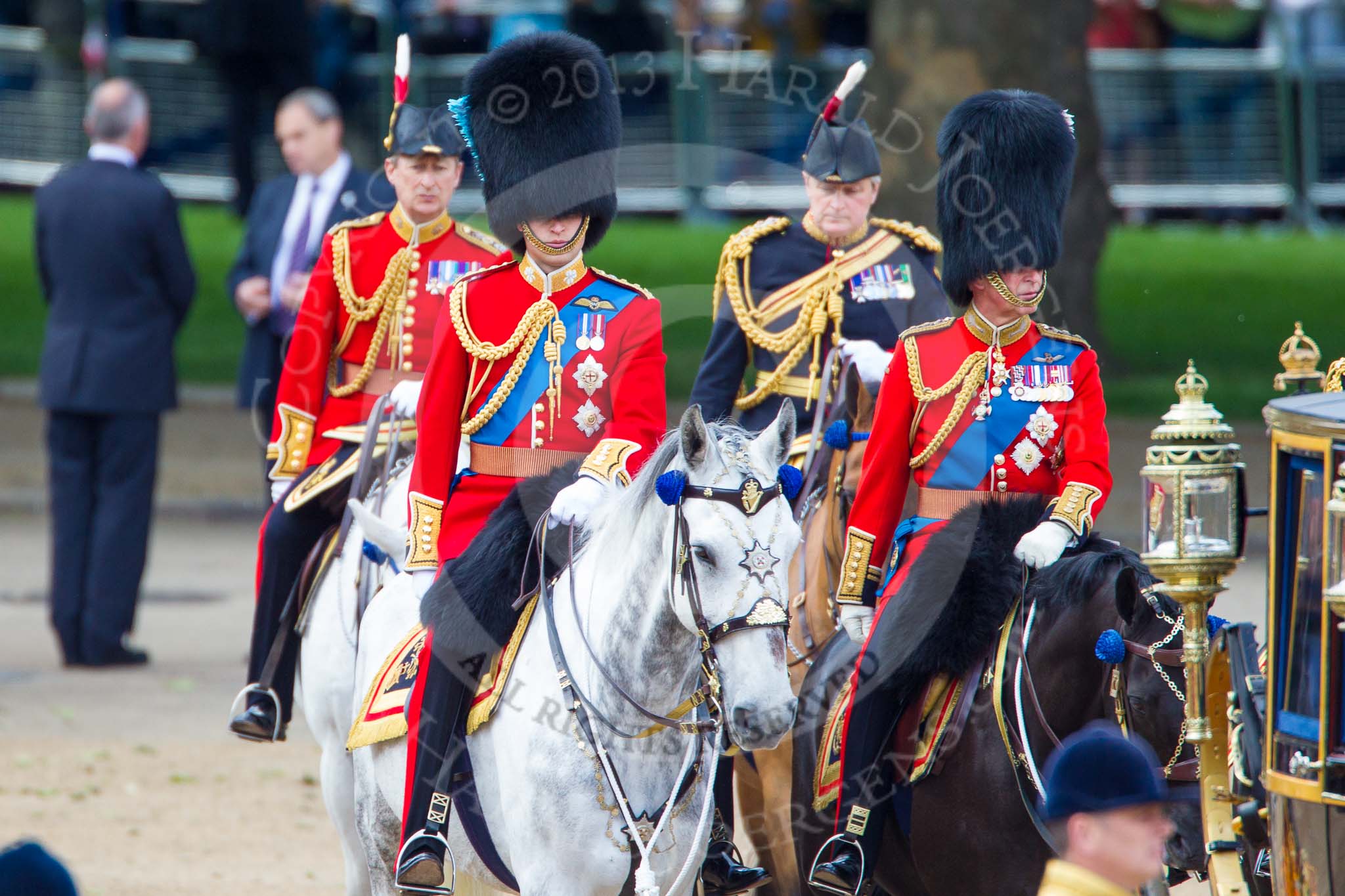 Trooping the Colour 2013: HRH The Duke of Cambridge, Colonel Irish Guards and HRH The Prince of Wales, Colonel Welsh Guards on horseback after the Inspection of the line..
Horse Guards Parade, Westminster,
London SW1,

United Kingdom,
on 15 June 2013 at 11:06, image #362