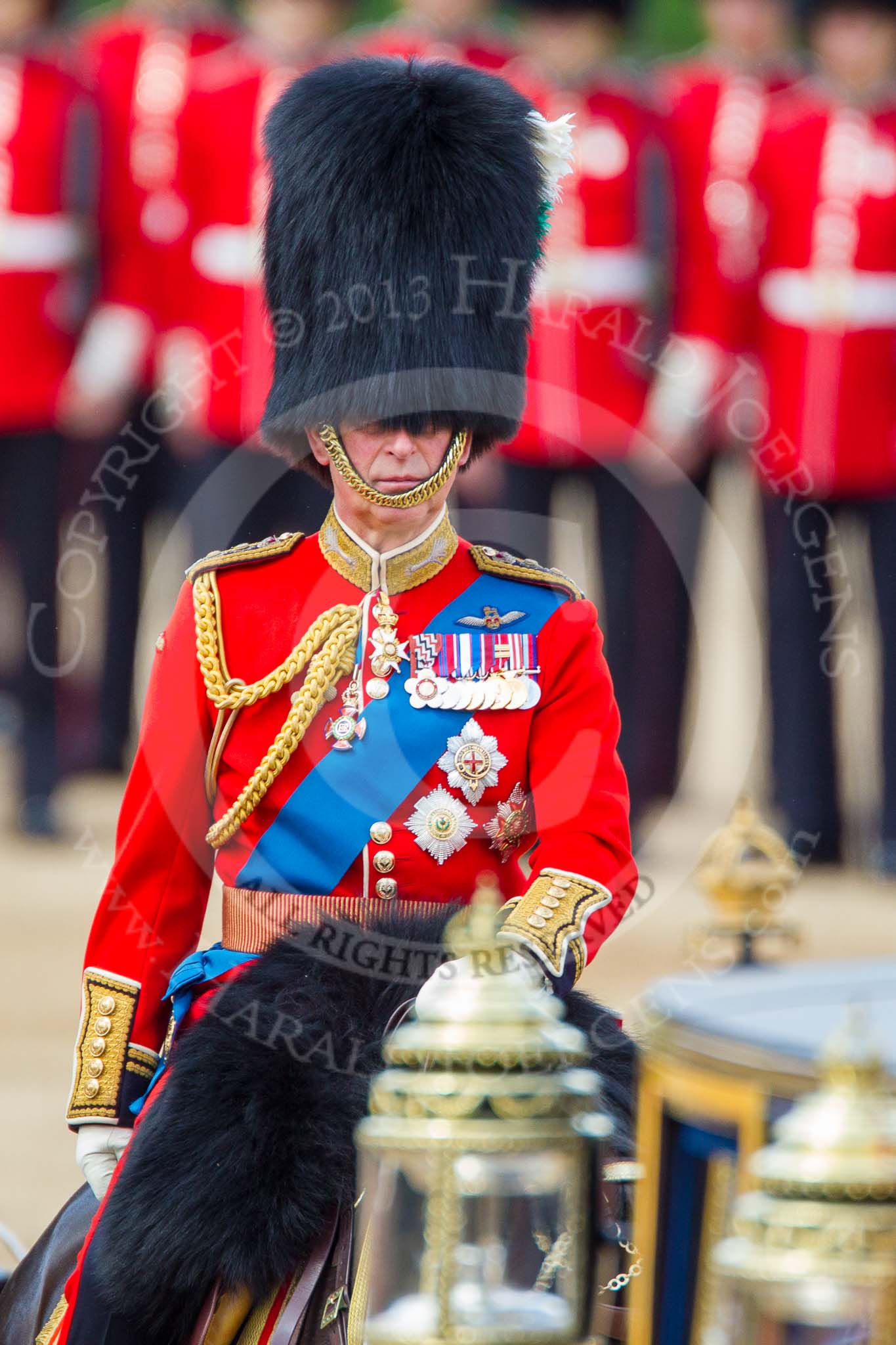Trooping the Colour 2013: HRH The Prince of Wales, Colonel Welsh Guards, on horseback after the Inspection of the Line..
Horse Guards Parade, Westminster,
London SW1,

United Kingdom,
on 15 June 2013 at 11:07, image #371