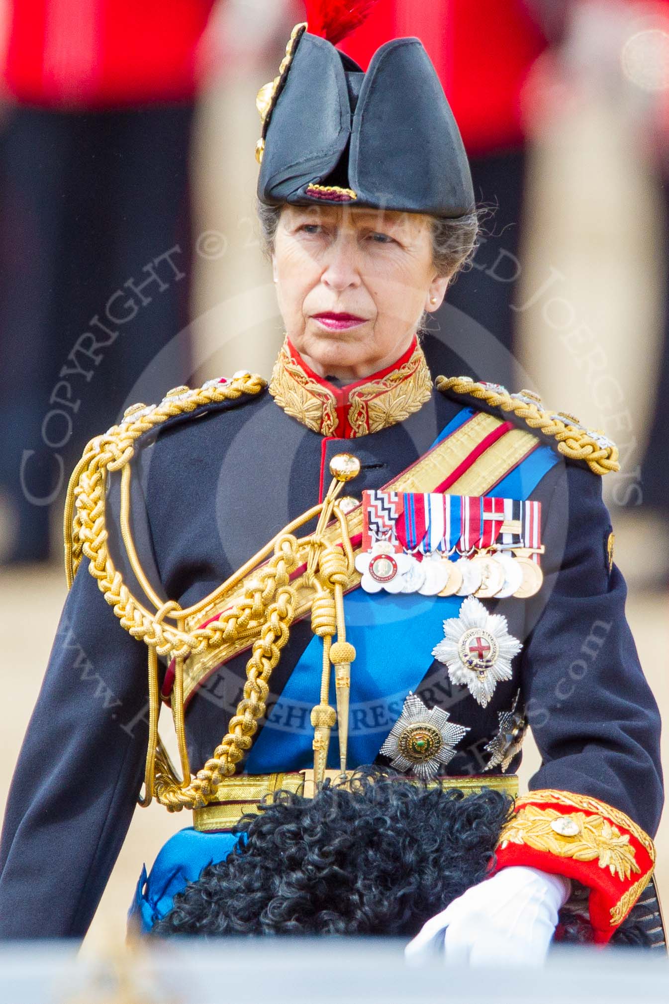 Trooping the Colour 2013: Close-up of HRH The Princess Royal, Colonel The Blues and Royals (Royal Horse Guards and 1st Dragoons), on horseback after the Inspection of the Line..
Horse Guards Parade, Westminster,
London SW1,

United Kingdom,
on 15 June 2013 at 11:07, image #373