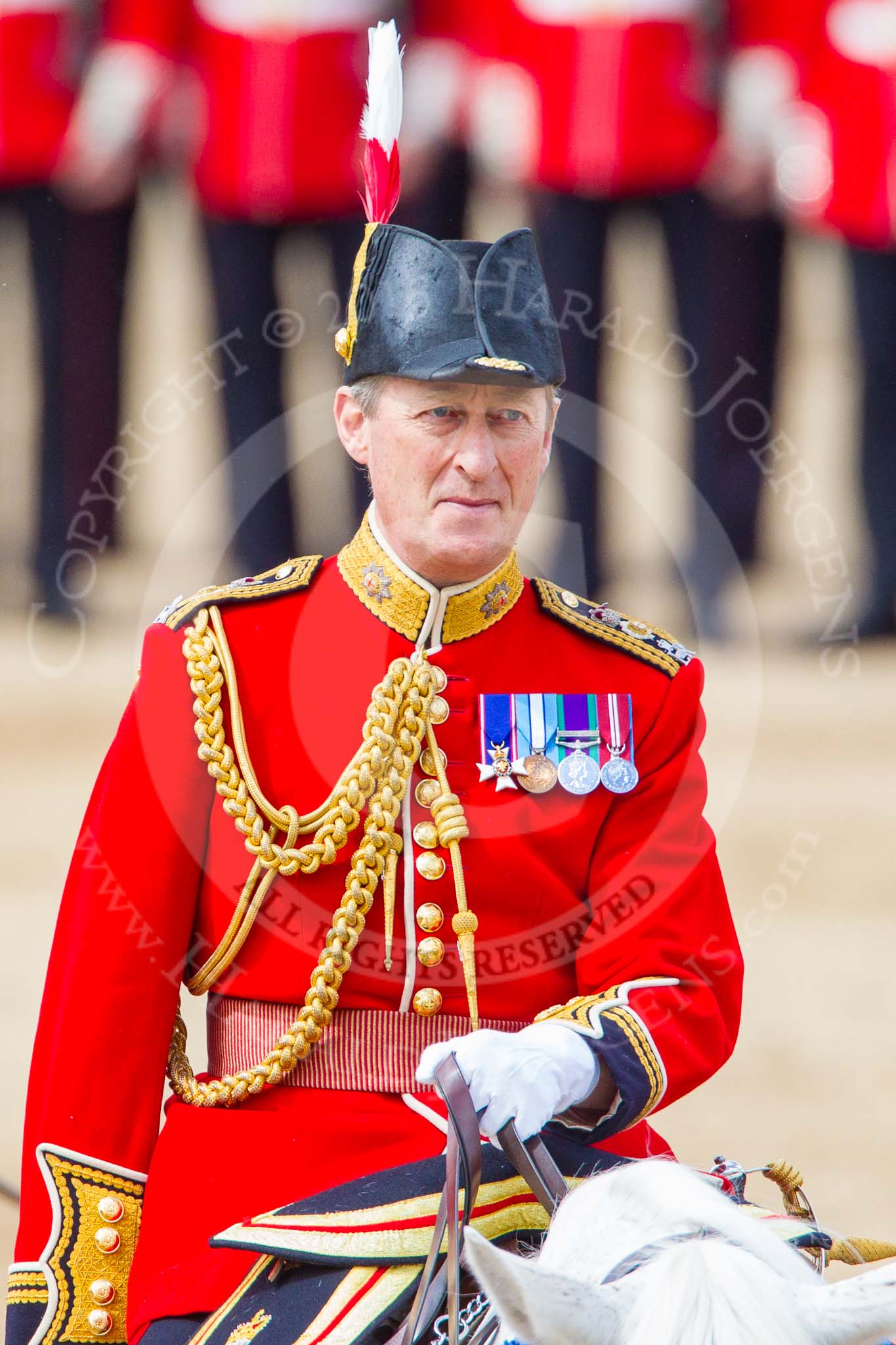 Trooping the Colour 2013: The Equerry in Waiting to Her Majesty, Lieutenant Colonel Alexander Matheson of Matheson, younger, on horseback after the Inspection of the Line..
Horse Guards Parade, Westminster,
London SW1,

United Kingdom,
on 15 June 2013 at 11:07, image #376