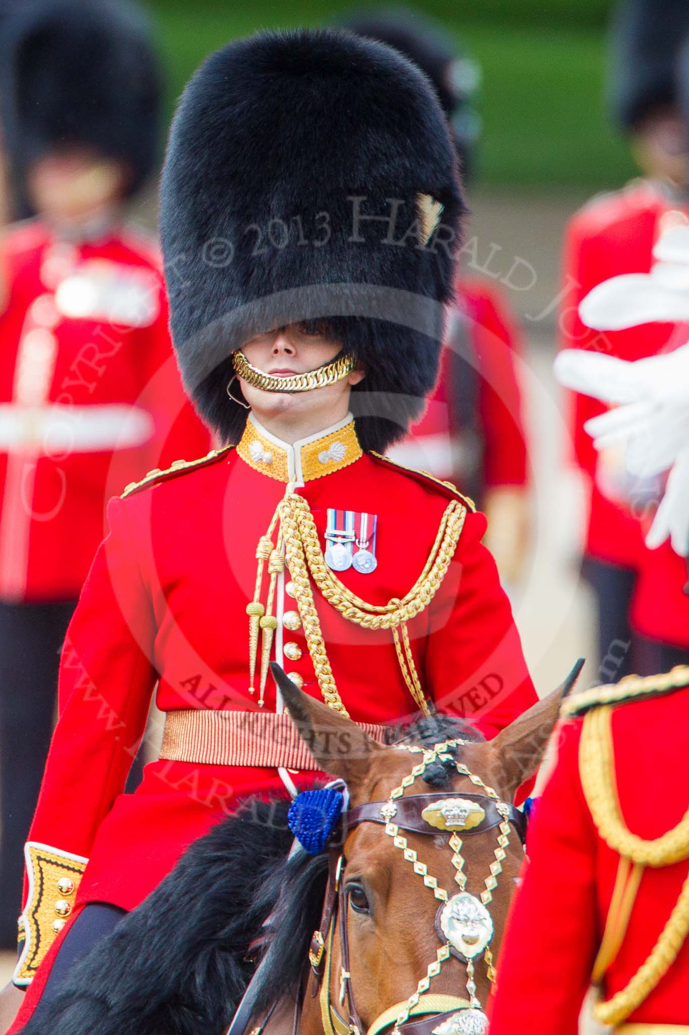 Trooping the Colour 2013: Aide-de-Camp, Captain John James Hathaway-White, Grenadier Guards, on horseback after the Inspection of the Line..
Horse Guards Parade, Westminster,
London SW1,

United Kingdom,
on 15 June 2013 at 11:07, image #380