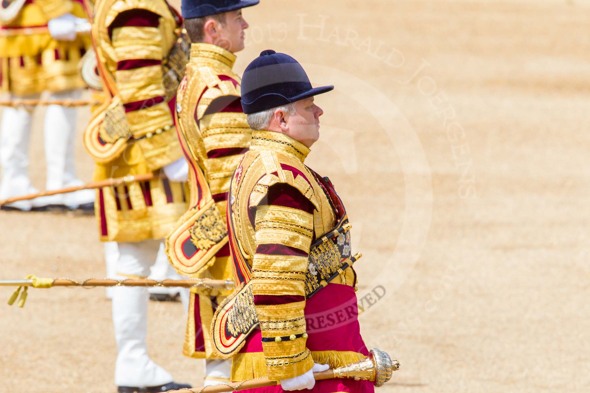 Trooping the Colour 2013: The Drum Majors during the Massed Troop - Stephen Staite, D P Thomas, Senior Drum Major M J Betts, Neill Lawman, and Tony Taylor. Image #394, 15 June 2013 11:10 Horse Guards Parade, London, UK