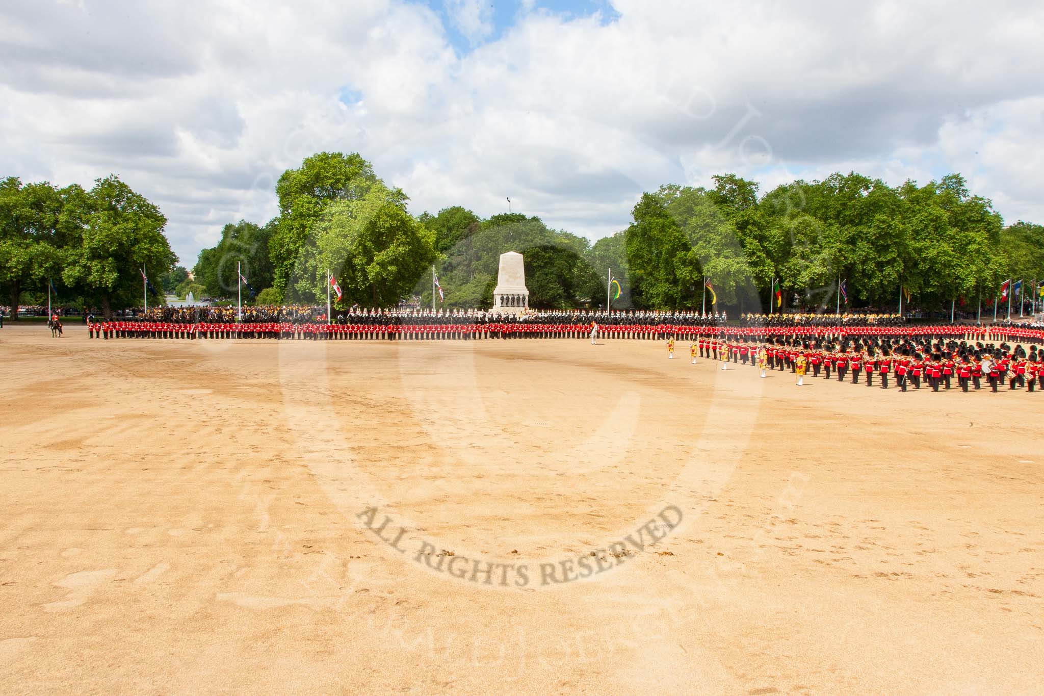 Trooping the Colour 2013: A wide angle overview of Horse Guards Parade during the Massed Bands Troop. Image #408, 15 June 2013 11:12 Horse Guards Parade, London, UK