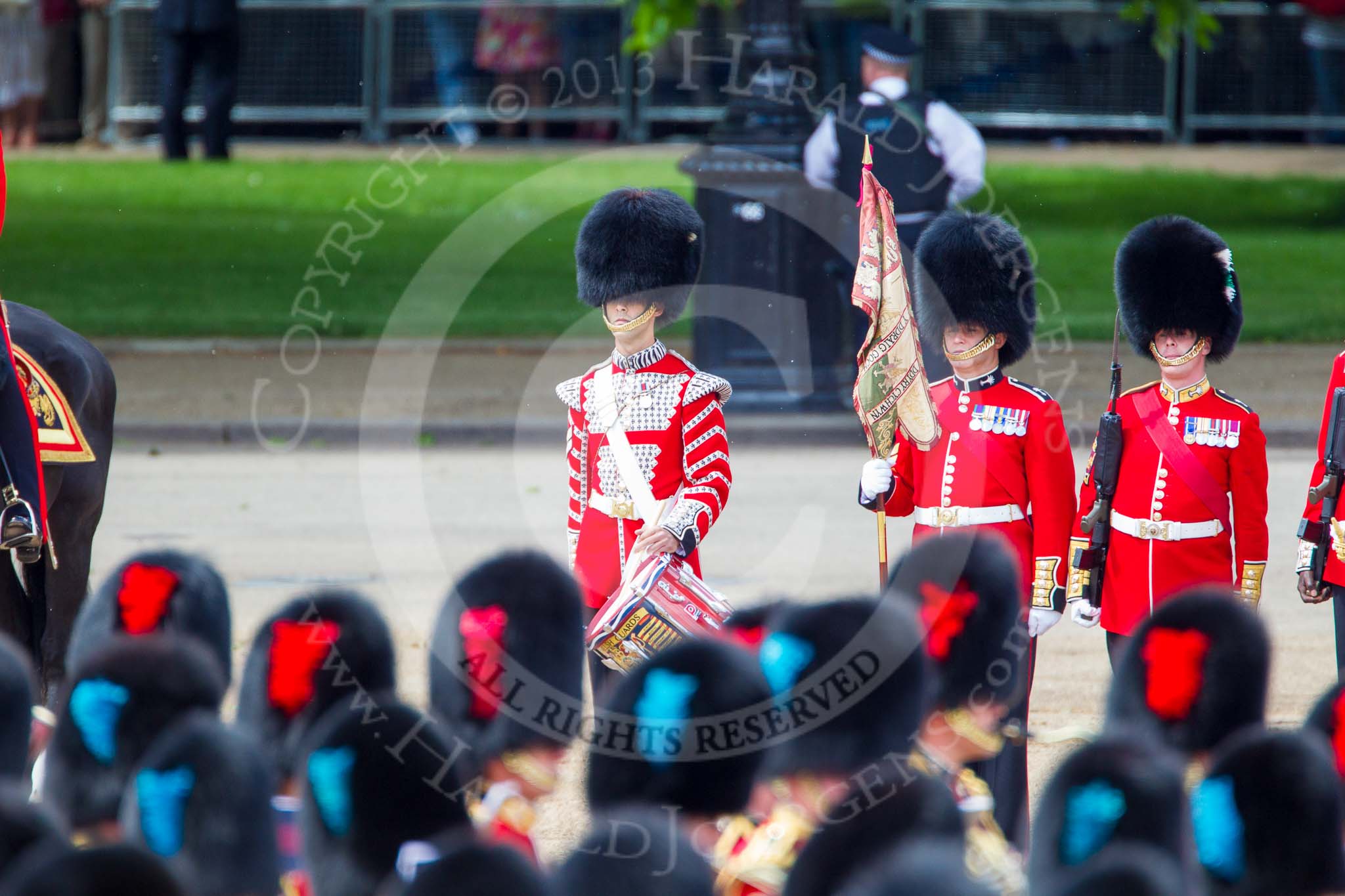 Trooping the Colour 2013: The "Lone Drummer", Lance Corporal Christopher Rees has marched to his position two paces to the right of No. 1 Guards, the Escort for the Colour. Image #421, 15 June 2013 11:14 Horse Guards Parade, London, UK