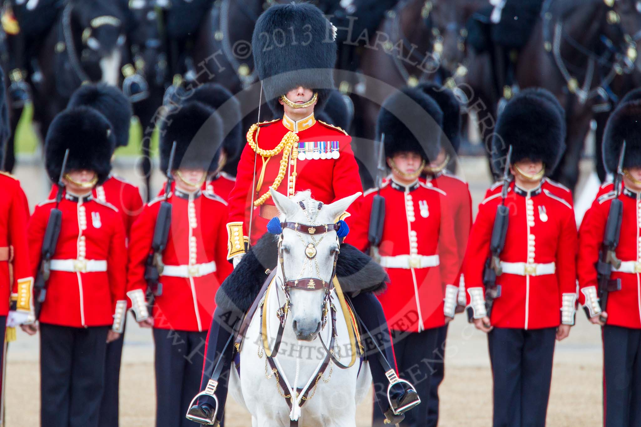Trooping the Colour 2013: The Field Officer in Brigade Waiting, Lieutenant Colonel Dino Bossi, Welsh Guards, at the end of the Massed Bands Troop - the Clolour will now be handed over to the Ensign. Image #422, 15 June 2013 11:14 Horse Guards Parade, London, UK