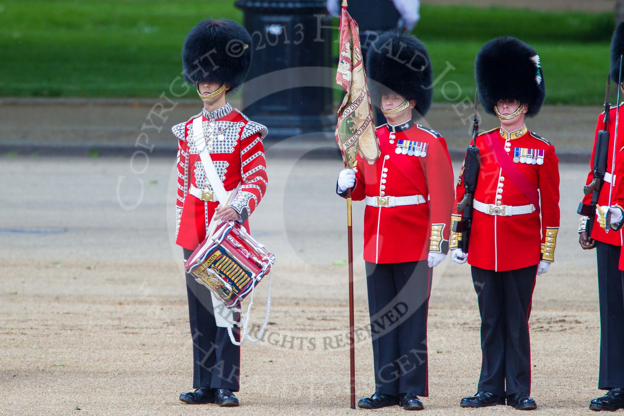 Trooping the Colour 2013: The "Lone Drummer", Lance Corporal Christopher Rees in position next to No. 1 Guard, the Escort for the Colour. Image #425, 15 June 2013 11:15 Horse Guards Parade, London, UK