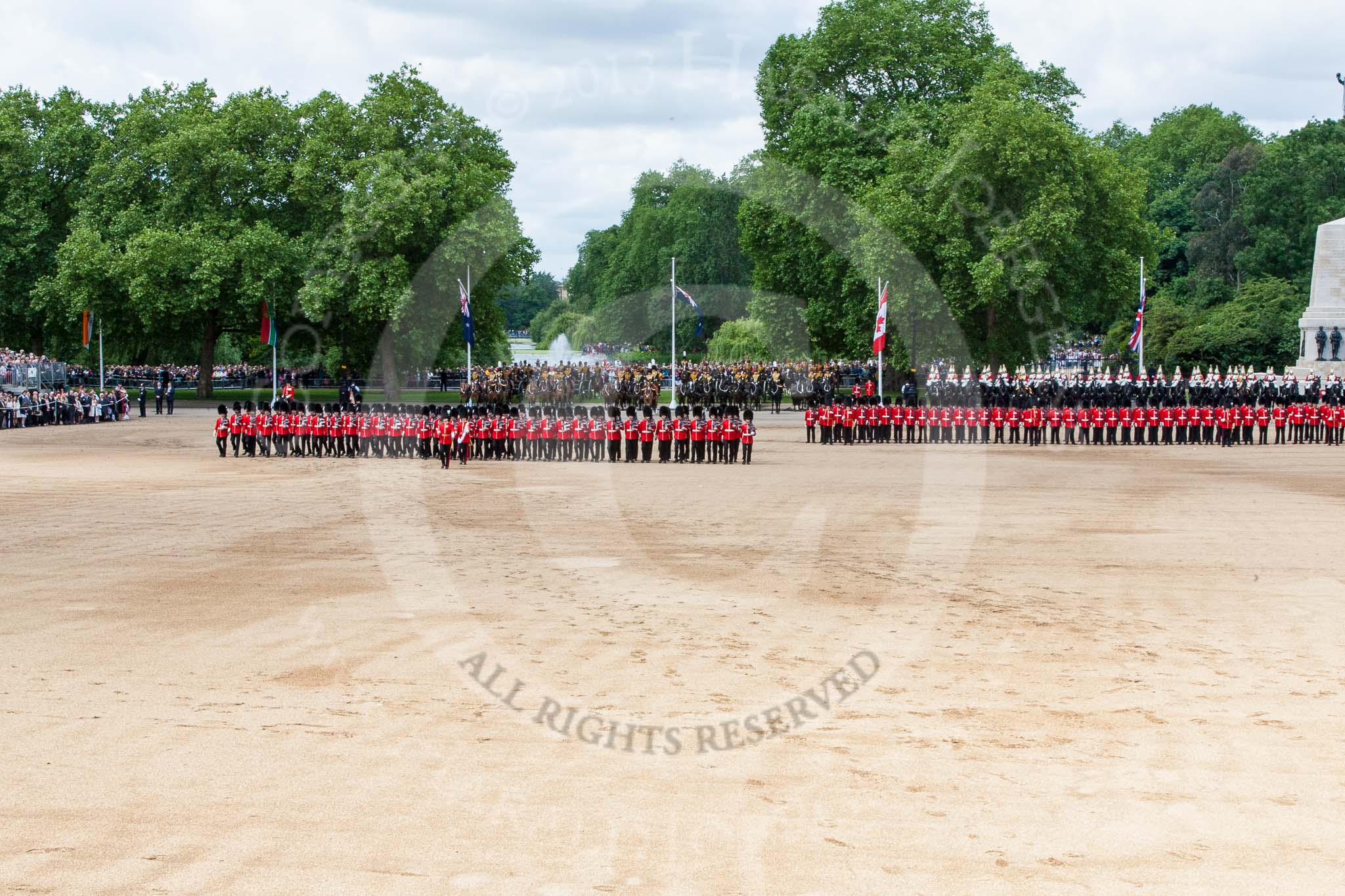 Trooping the Colour 2013: No. 1 Guard (Escort for the Colour),1st Battalion Welsh Guards is moving forward to receive the Colour. Image #435, 15 June 2013 11:17 Horse Guards Parade, London, UK