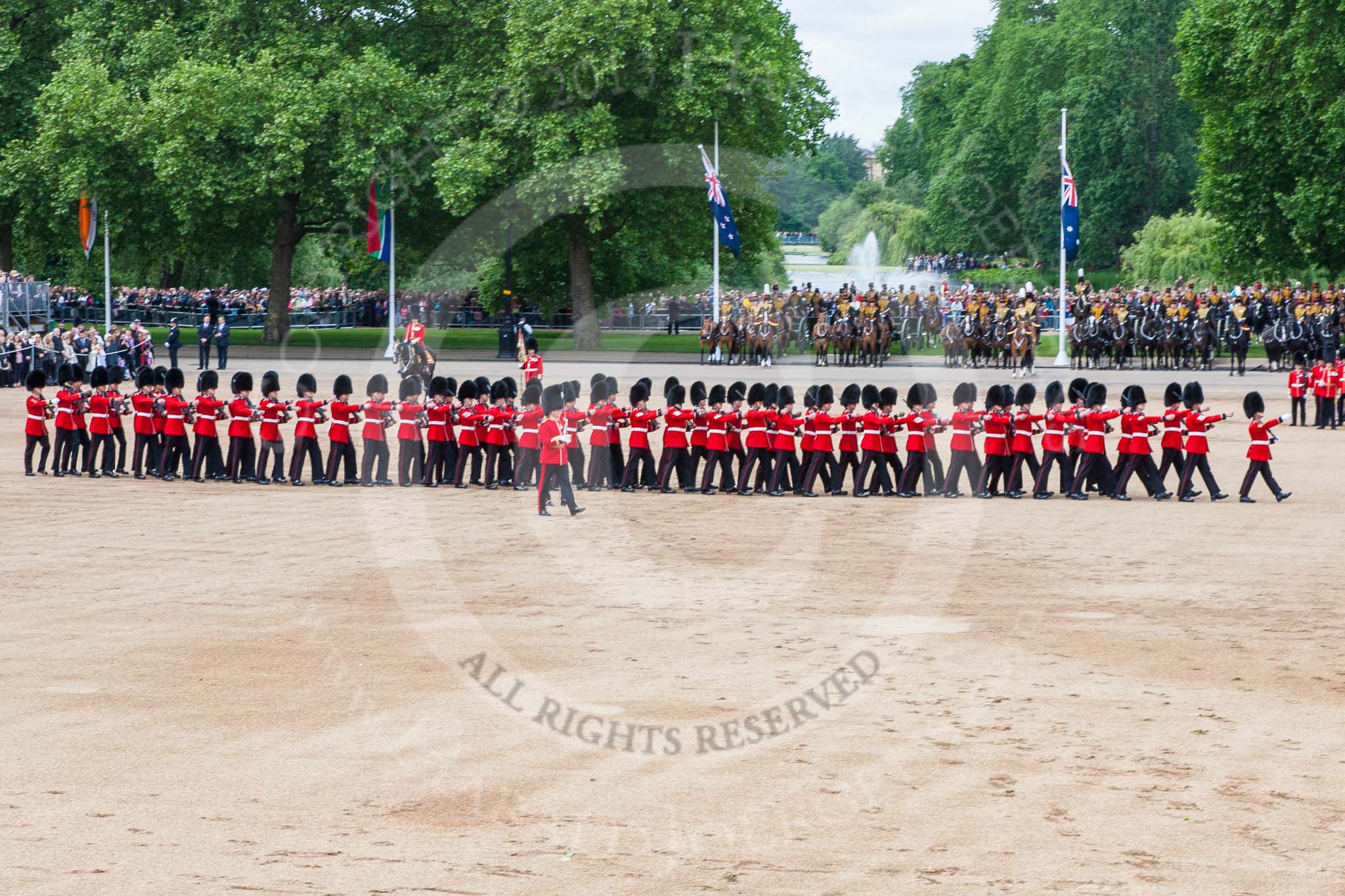 Trooping the Colour 2013: The men of No. 1 Guard (Escort for the Colour),1st Battalion Welsh Guards have turned right and are about to form a new line. Image #438, 15 June 2013 11:17 Horse Guards Parade, London, UK